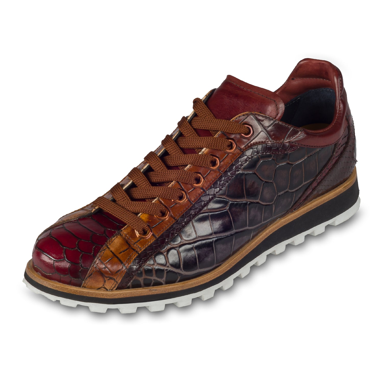 Lorenzi Herren Leder-Sneaker mit Reptil-Prägung in braun/rot. Handgefertigt. Schräge Ansicht linker Schuh. Einfarbige Schnürsenkel cognac braun