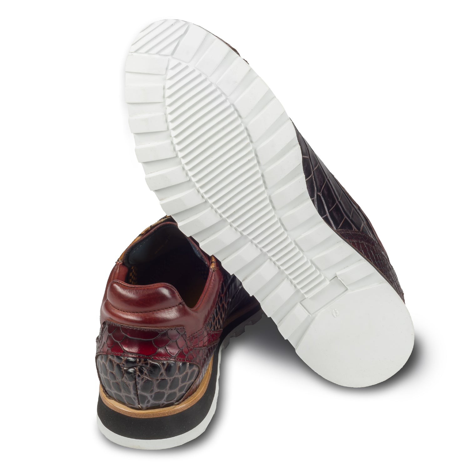 Lorenzi Herren Leder-Sneaker mit Reptil-Prägung in braun/rot. Handgefertigt. Ansicht der Ferse und Sohlenunterseite.