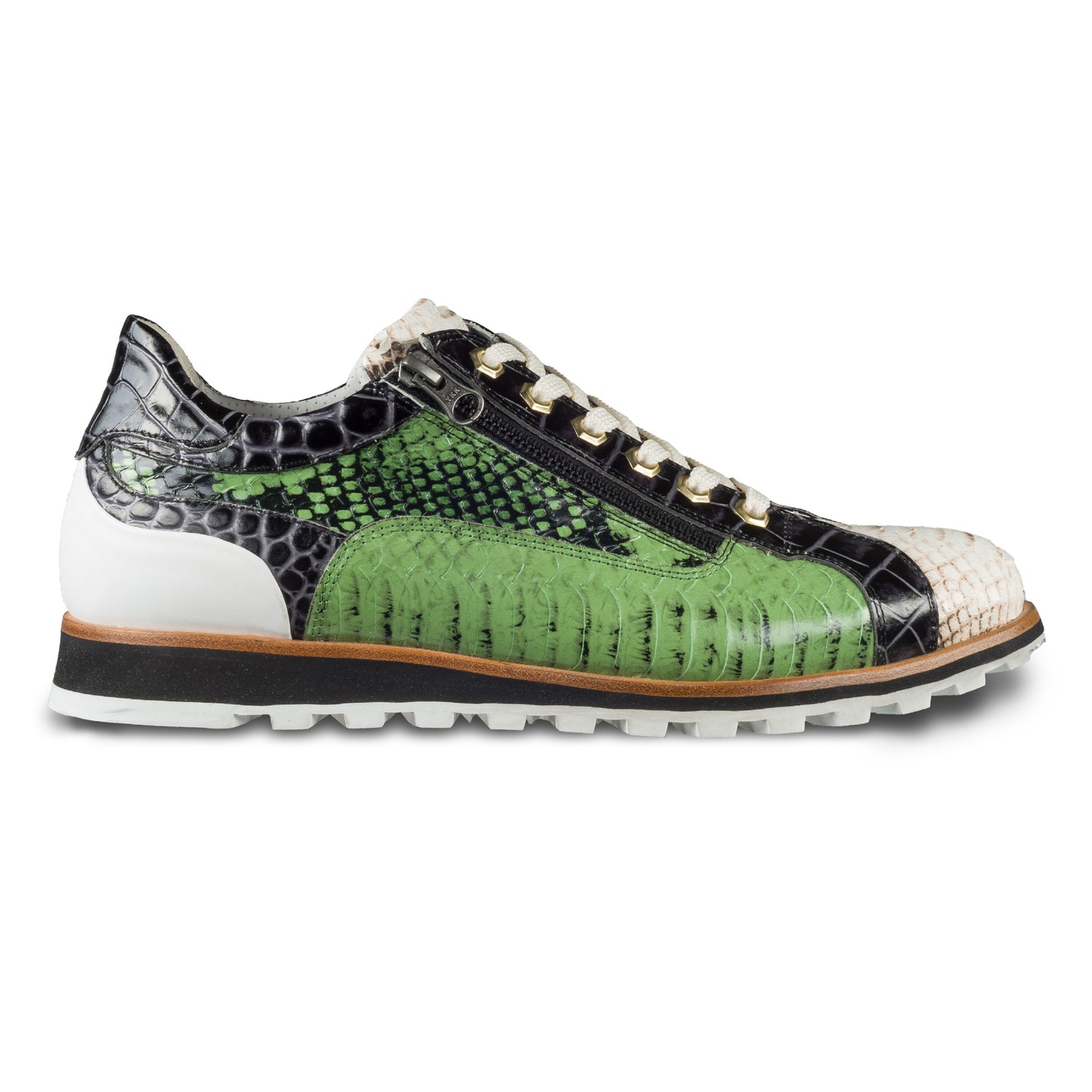 Lorenzi Herren Leder Sneaker in grün / creme / schwarzer Schlangen-Optik und seitlichem Reißverschluß. Handgefertigt in Italien. Ansicht der Außenseite rechter Schuh. 