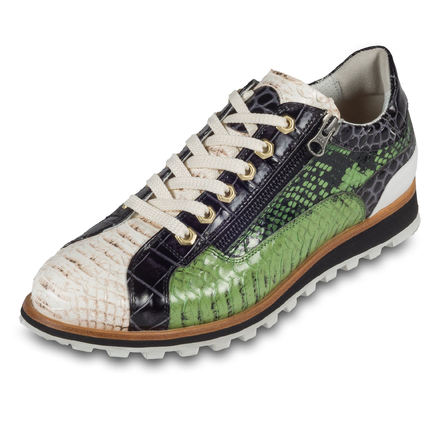 Lorenzi Herren Leder Sneaker in grün / creme / schwarzer Schlangen-Optik und seitlichem Reißverschluß. Handgefertigt in Italien. Schräge Ansicht linker Schuh.