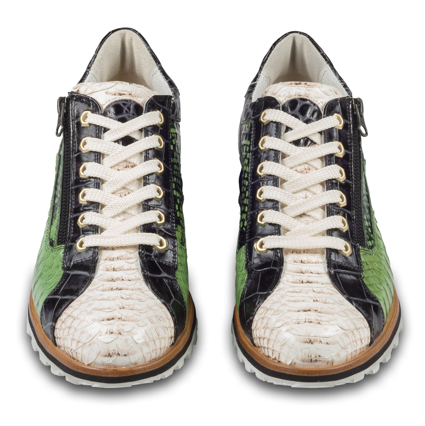 Lorenzi Herren Leder Sneaker in grün / creme / schwarzer Schlangen-Optik und seitlichem Reißverschluß. Handgefertigt in Italien. Paarweise Ansicht von vorne. 