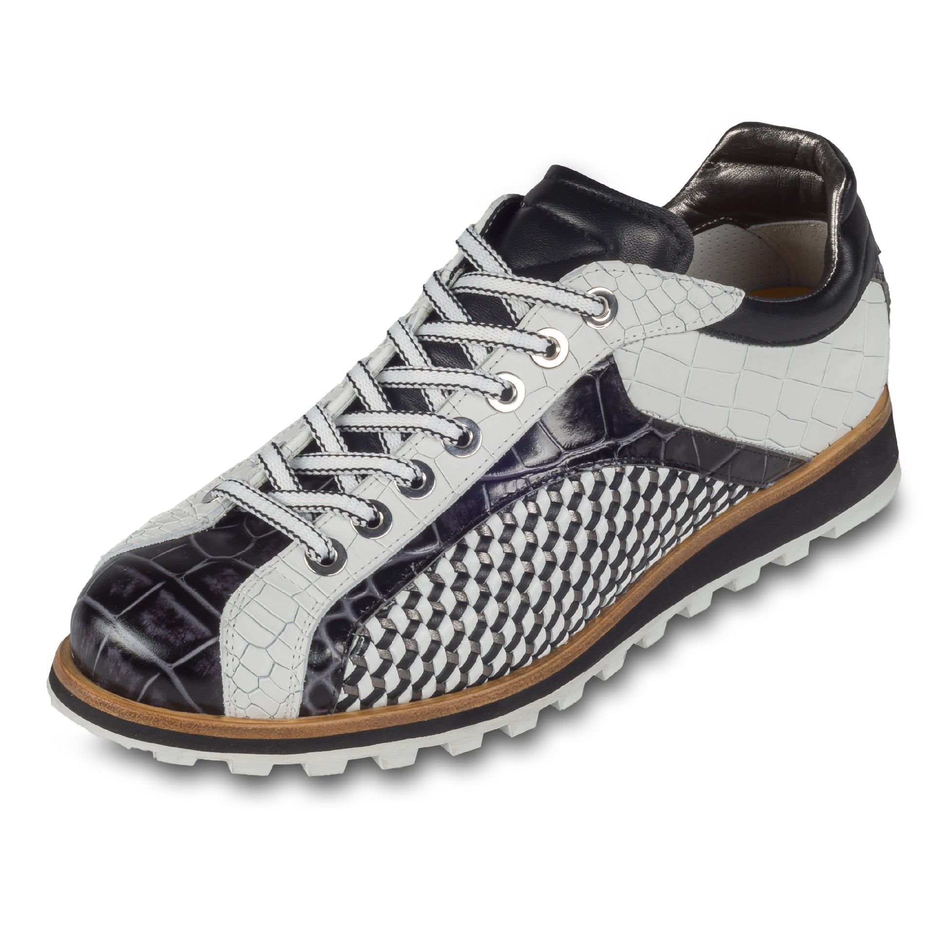LORENZI Sneaker Herren schwarz/weiß Leder geprägt und geflochten