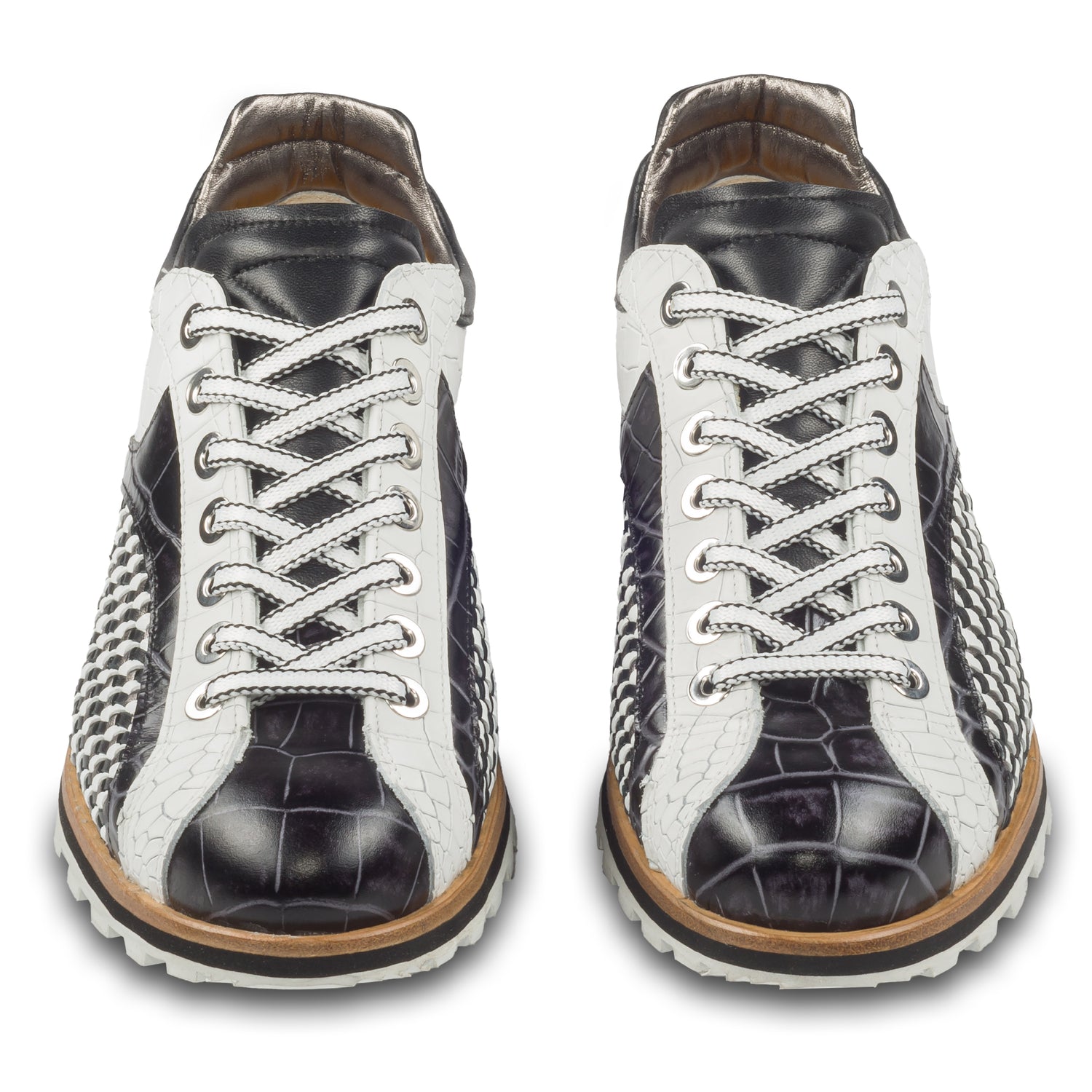 Lorenzi Herren Leder-Sneaker schwarz-weiß, mit raffinierter Prägung. Handgefertigt und durchgenäht. Paarweise Ansicht von vorne.