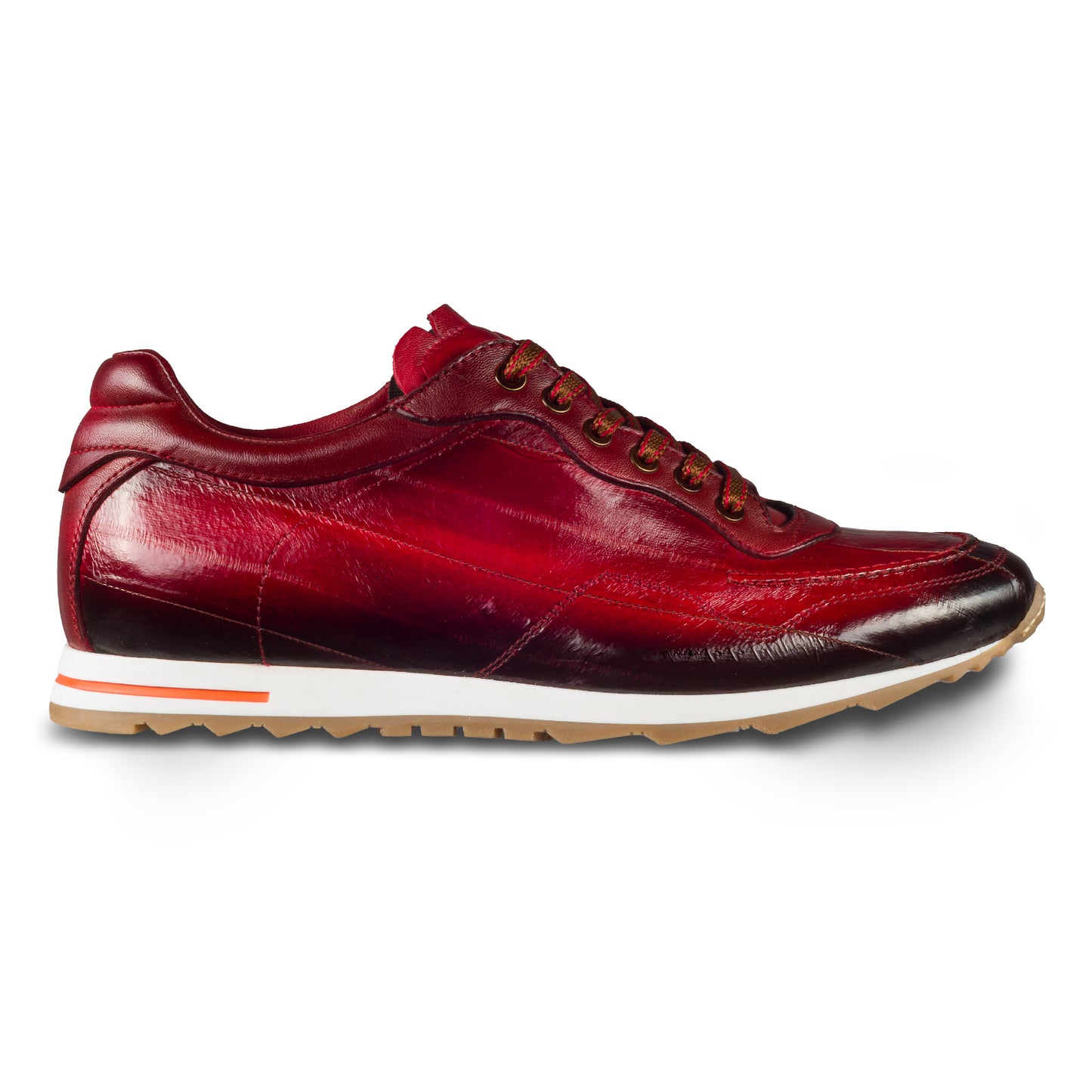Lorenzi Herren Sneaker aus rotem Aal-Leder (Fischleder). Handgefertigt in Italien. Außenansicht rechter Schuh.