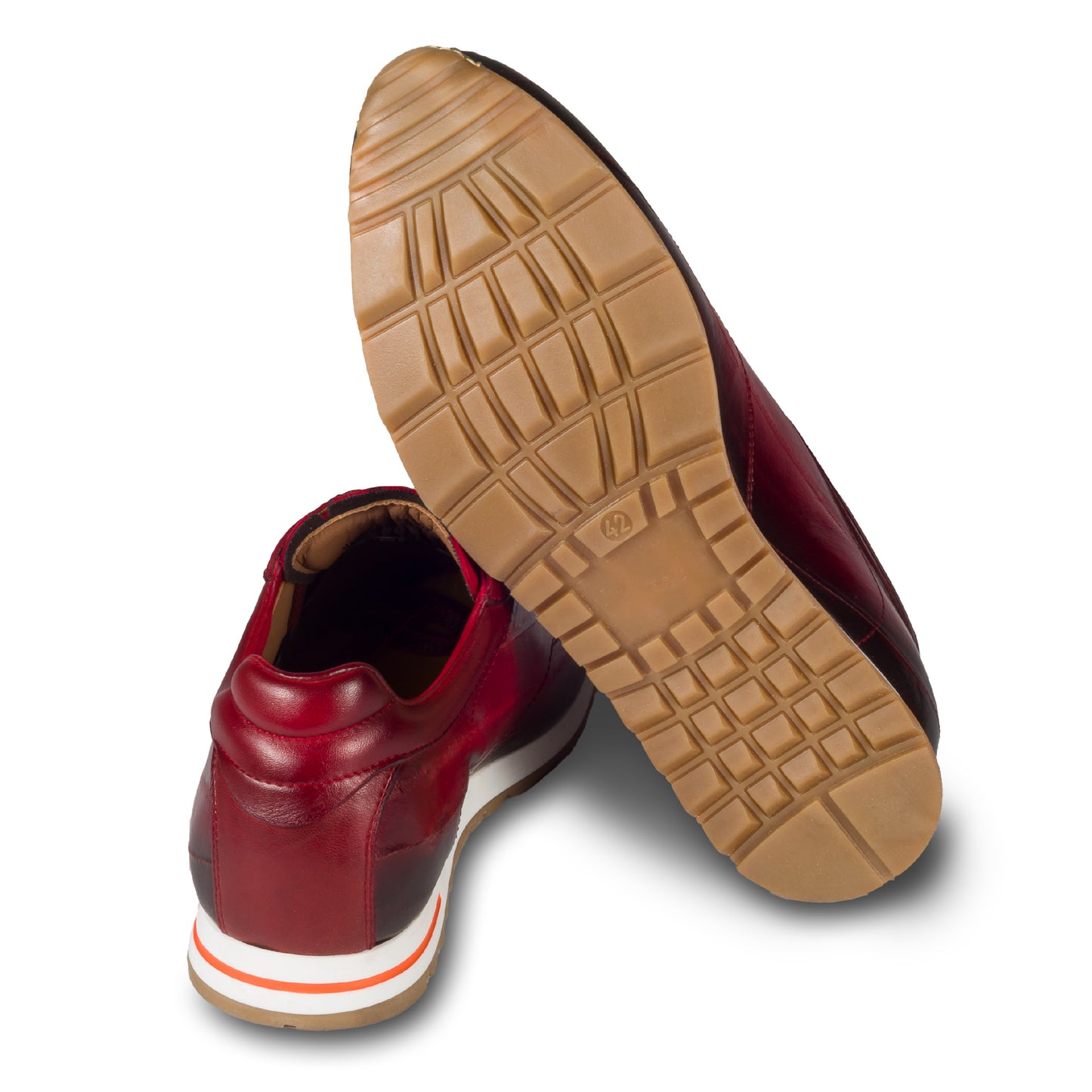 Lorenzi Herren Sneaker aus rotem Aal-Leder (Fischleder). Handgefertigt in Italien. Ansicht der Ferse und Sohlenunterseite. 