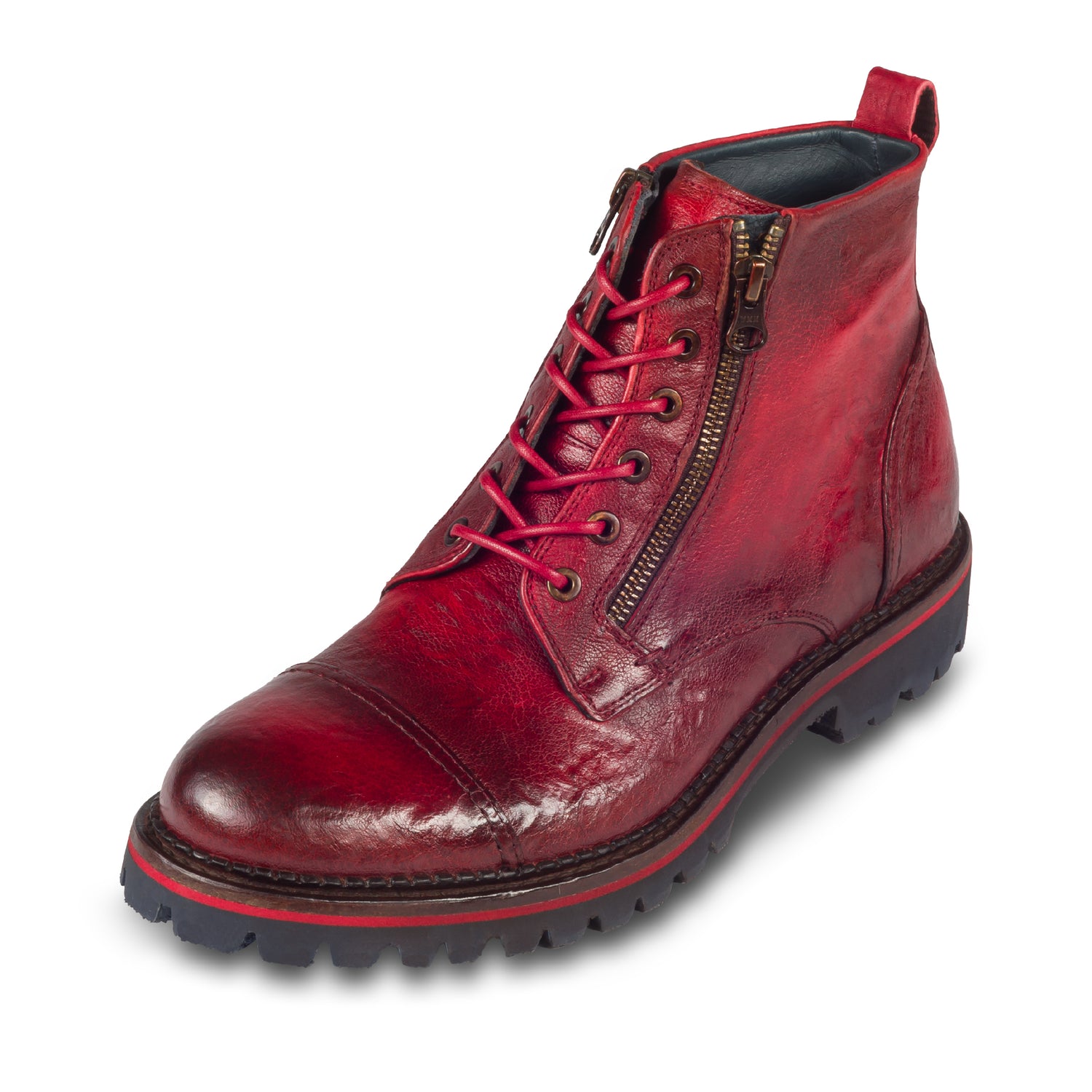 Lorenzi Leder Schnür-Boots rot, stone washed, mit Reißverschluß. Durchgenäht. Schräge Ansicht linker Schuh.