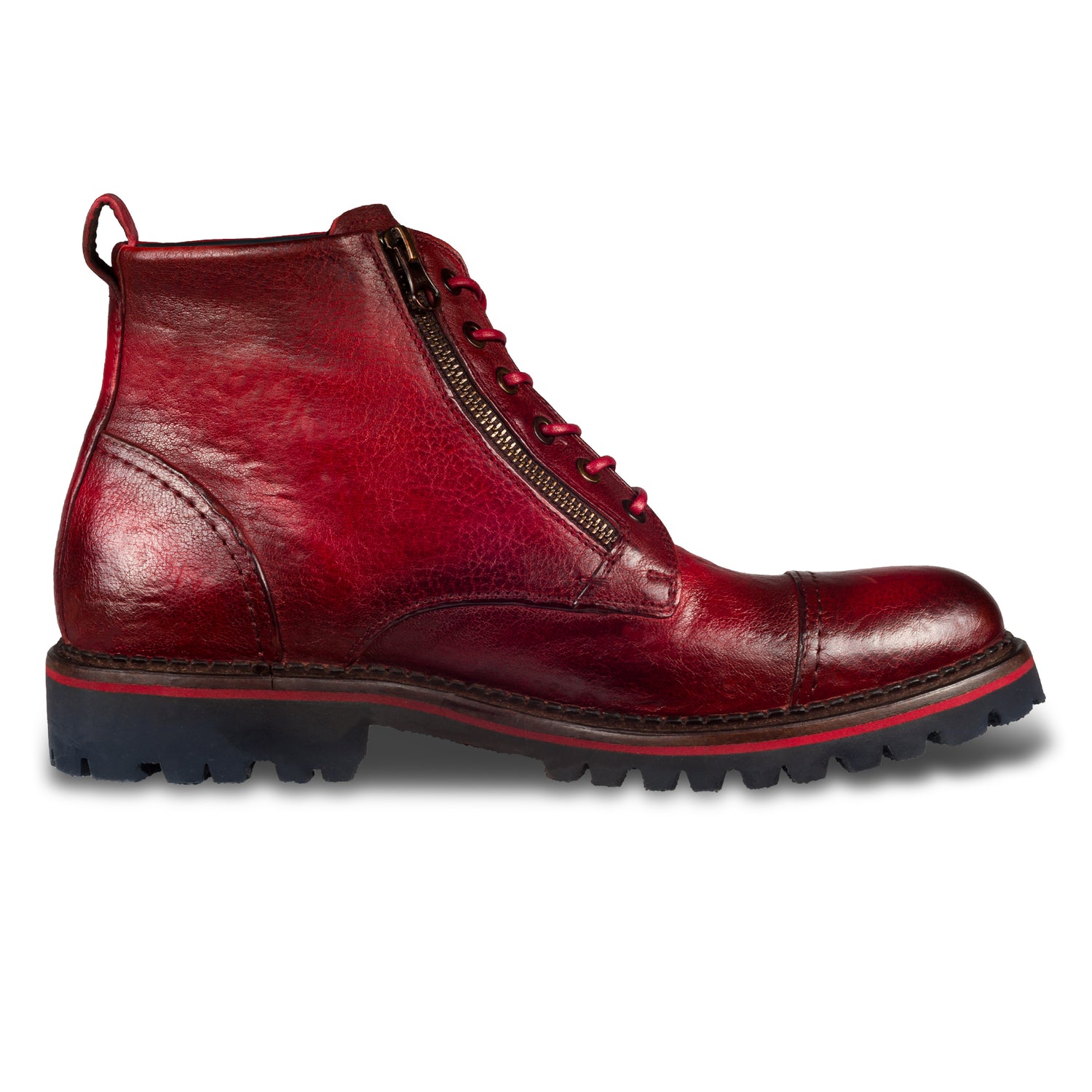 Lorenzi Leder Schnür-Boots rot, stone washed, mit Reißverschluß. Durchgenäht. Ansicht Innenseite