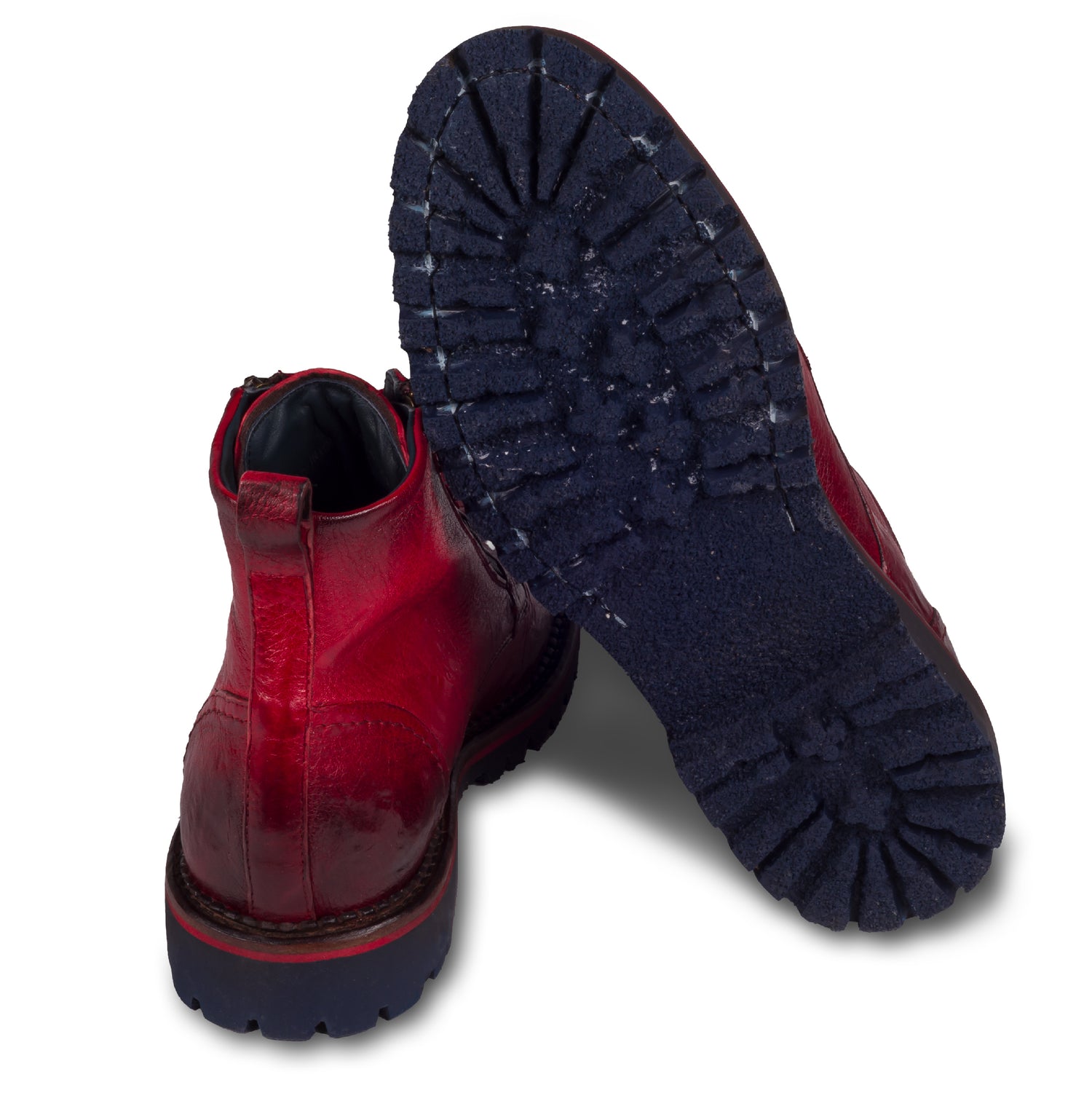 Lorenzi Leder Schnür-Boots rot, stone washed, mit Reißverschluß. Durchgenäht. Ansicht der Ferse und Sohlenunterseite.