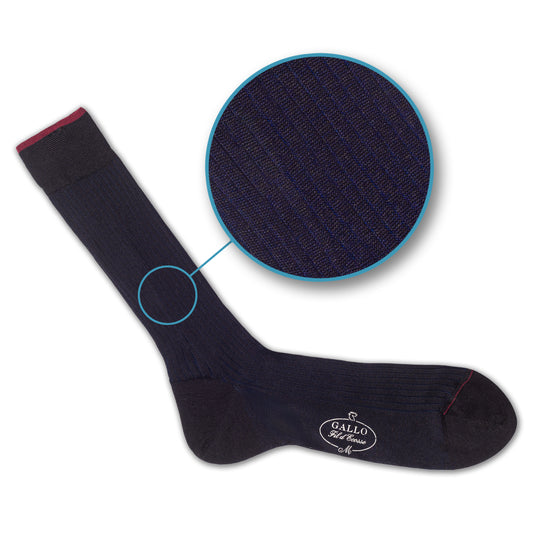 Italienische Herren-Socken, Breitripp-Struktur in schwarz und nacht blau unterlegt, von GALLO, aus 100% Baumwolle Gefertigt in Italien. Einzelsocke mit Detailansicht