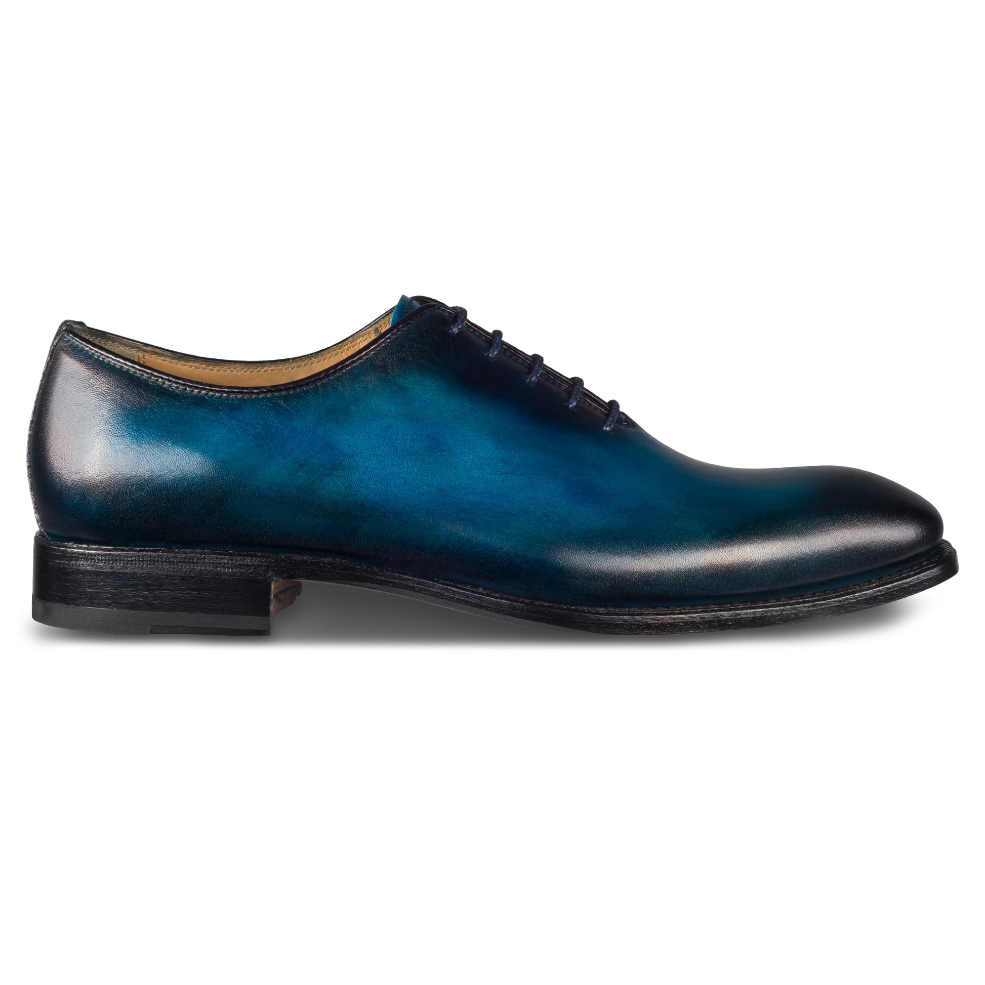 Harris Herren Anzugschuhe / Schnür-Halbschuhe, blau mit handgefärbter Patina. Made in Italy. Durchgenäht. Ansicht Außenseite rechter Schuh