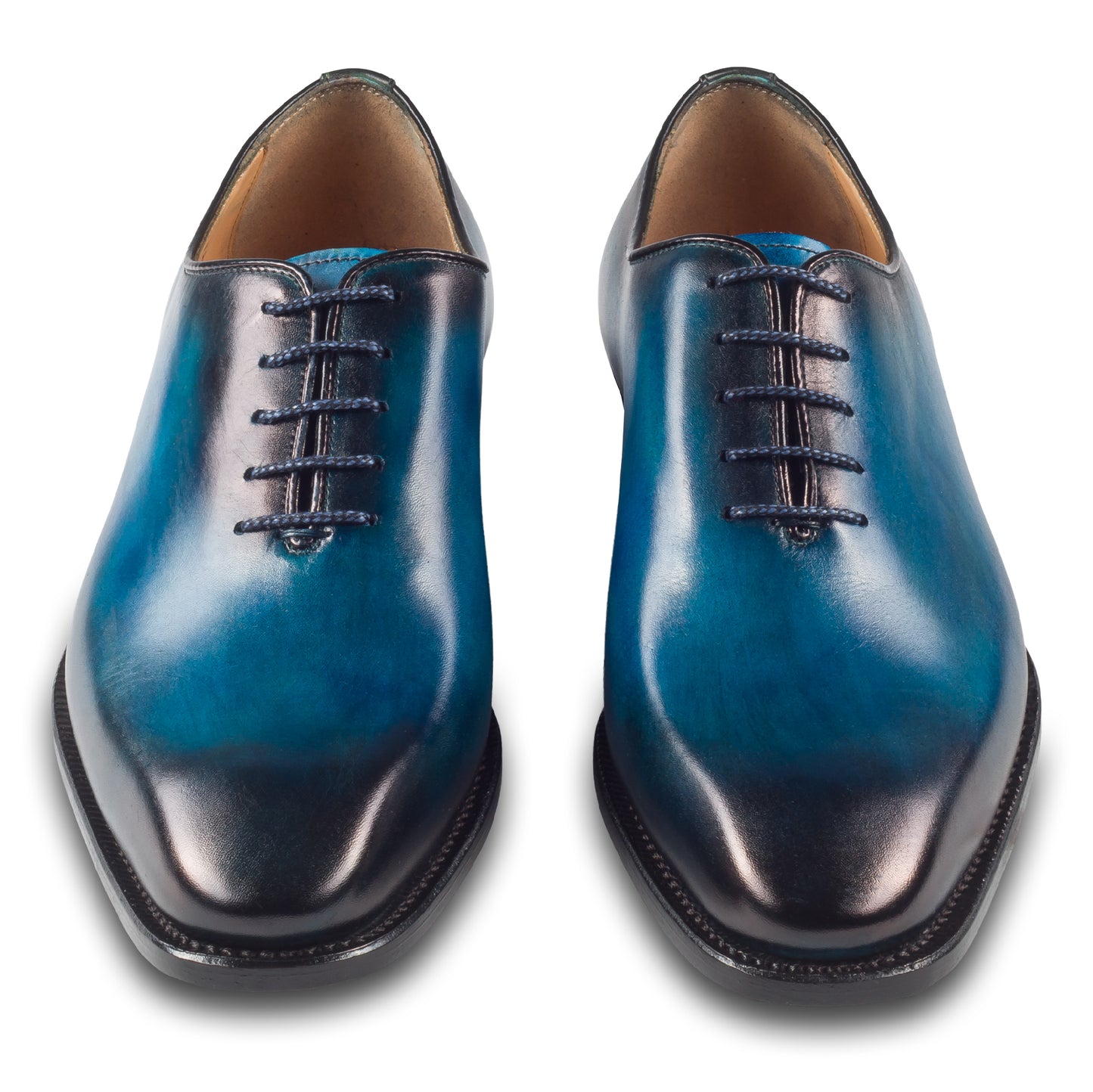 Harris Herren Anzugschuhe / Schnür-Halbschuhe, blau mit handgefärbter Patina. Made in Italy. Durchgenäht. Paarweise Ansicht beide Schuhe