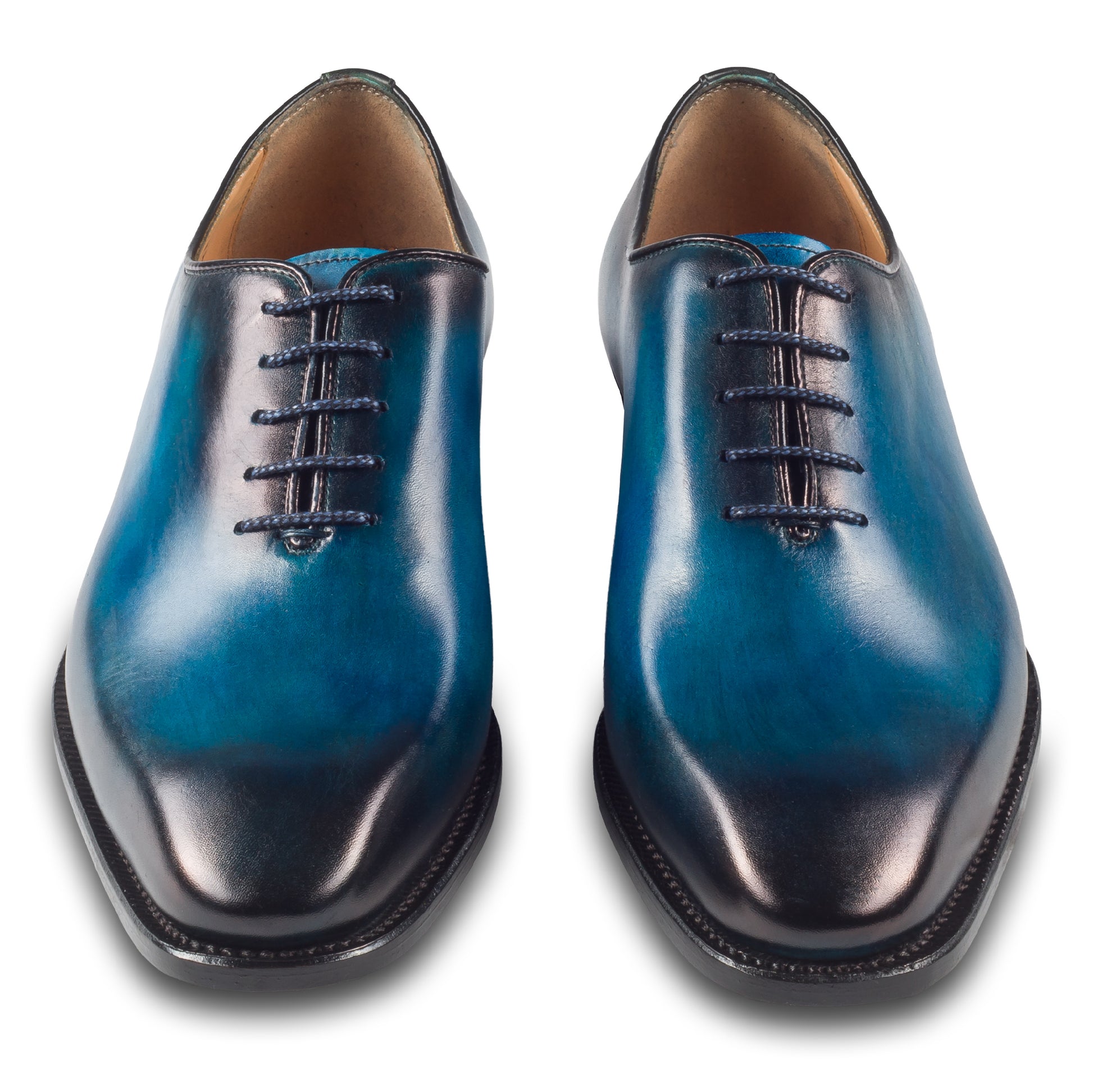 Harris Herren Anzugschuhe / Schnür-Halbschuhe, blau mit handgefärbter Patina. Made in Italy. Durchgenäht. Paarweise Ansicht beide Schuhe