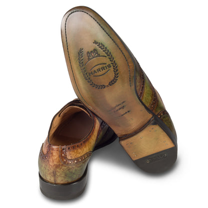 Harris Herren Anzugschuhe / Schnür-Halbschuhe, braun grün mit handgefärbter Patina. Made in Italy. Durchgenäht. Ansicht Ferse und Sohle. 