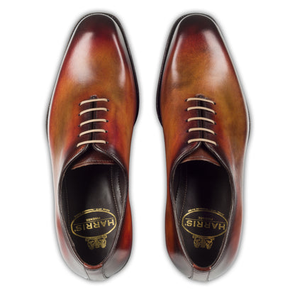 Harris Herren Anzugschuhe / Schnür-Halbschuhe, braun mit handgefärbter Patina. Made in Italy. Durchgenäht. Paarweise Draufsicht. 