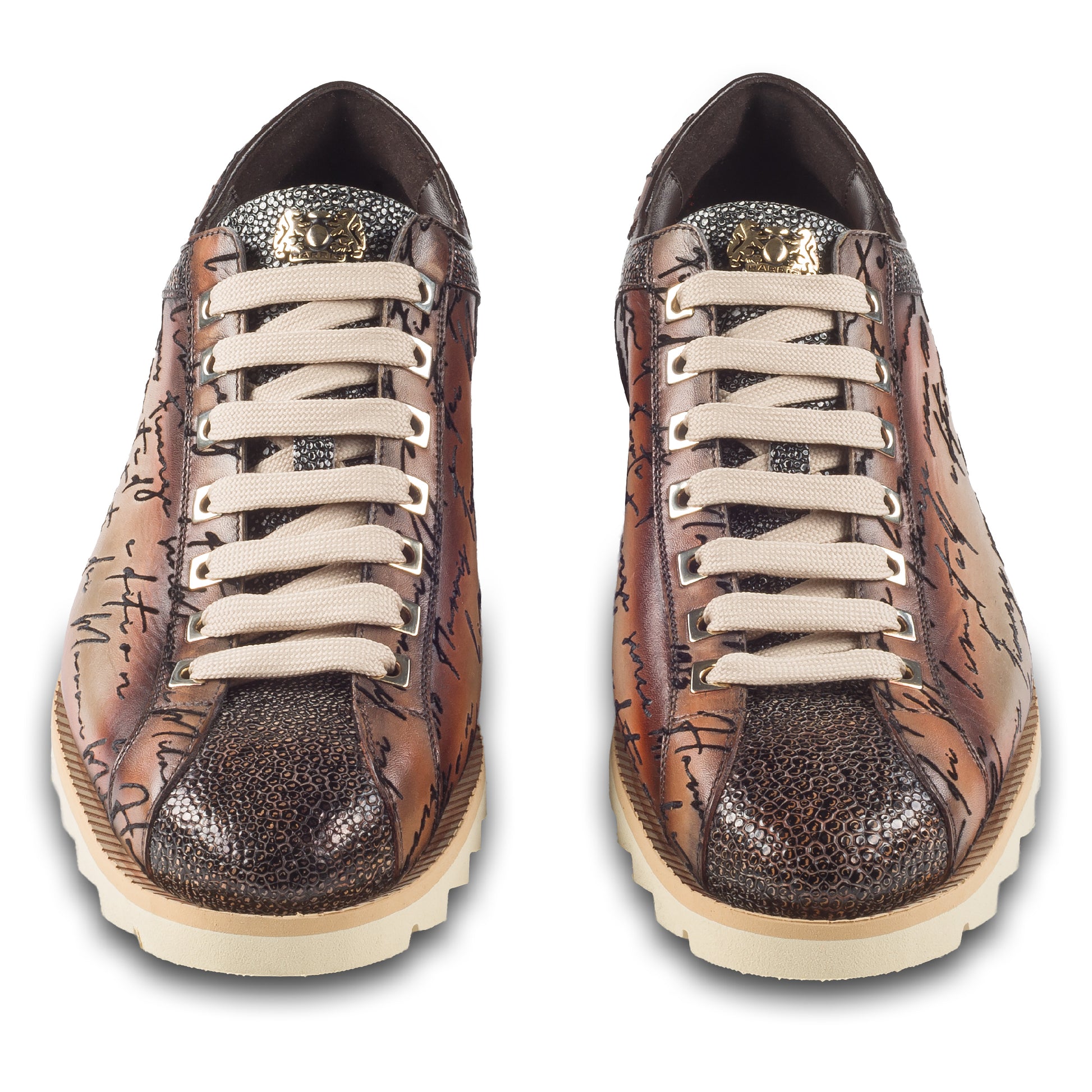 Harris Herren Sneaker / Schnür-Halbschuhe, braun mit Handscripting und Echsen-Print. Made in Italy. Paarweise Ansicht von vorne