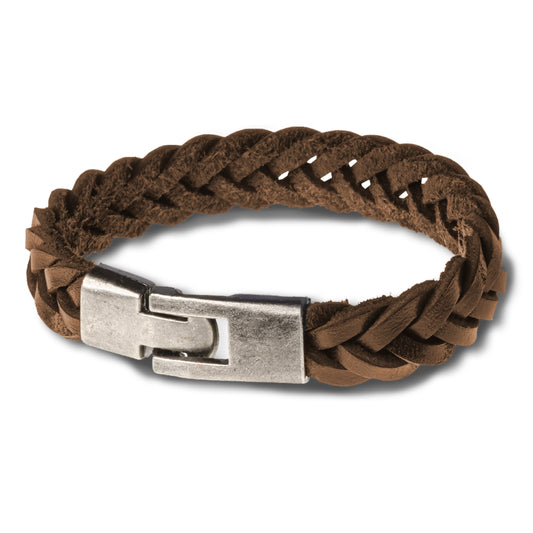 Herren Armband aus geflochtenem Leder in Dunkelbraun, mit praktischem Schnell-Verschluß aus massivem Stahl.