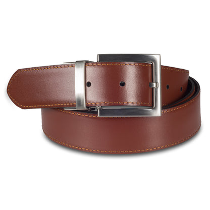 Herren Wende-Gürtel aus Leder - tragbar mit schwarz oder braun durch einen einzigen Handgriff. mit silber mattierter Dornschließe. Länge kürzbar. Ansicht braune Gürtelseite