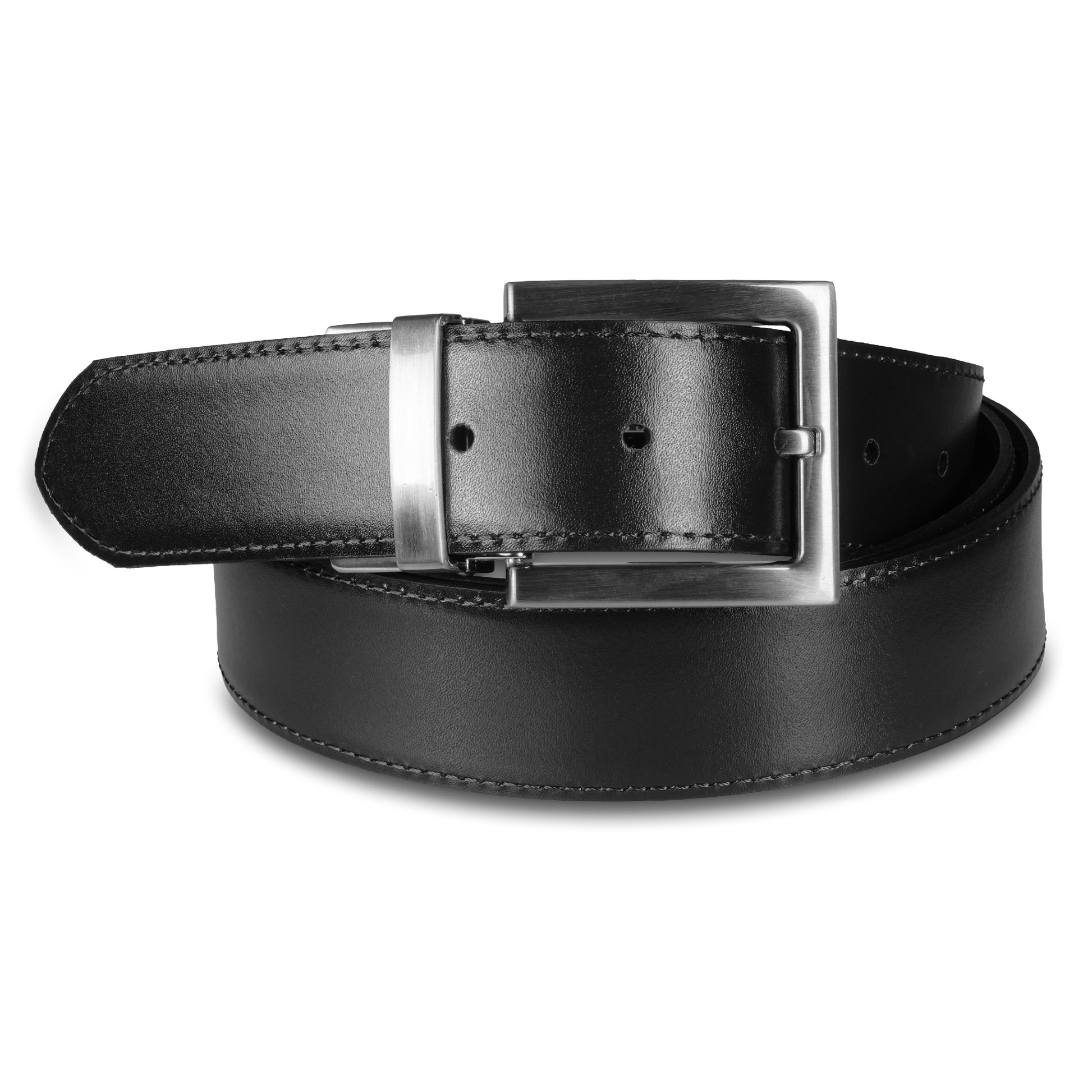 Herren Wende-Gürtel aus Leder - tragbar mit schwarz oder braun durch einen einzigen Handgriff. mit silber mattierter Dornschließe. Länge kürzbar. Ansicht schwarze Gürtelseite