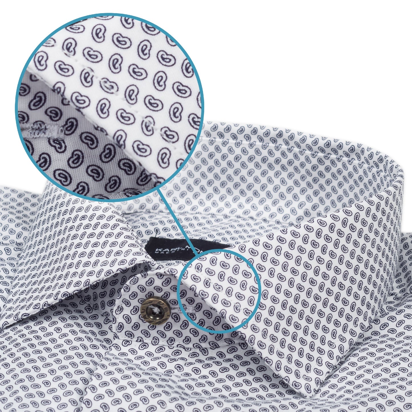 Karl Mommoo - Italienisches Herren-Hemd, weiß mit dunkelgrauem Paisley-Muster, Baumwolle mit Elasthan, Modern Fit. Detailansicht