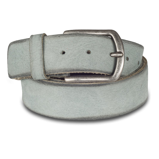 Jeans-Gürtel aus mattem Vollrind-Leder in blau/grau mit dunklen Rändern.  4 cm breit. Dornschließe in Altsilber
