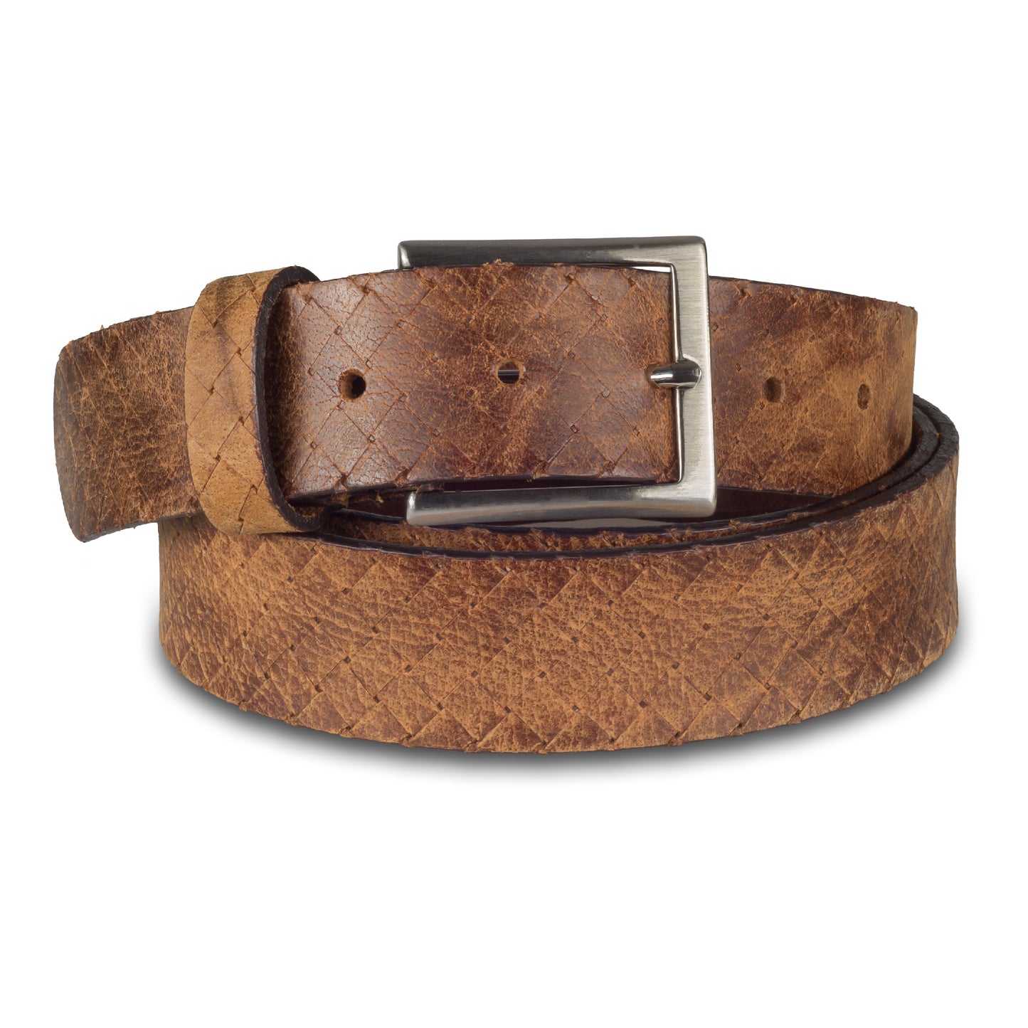 Herren Jeans-Gürtel aus Velours-Leder in braun mit Flechtoptik, 3.5 cm breit. Dornschließe in silber mattiert