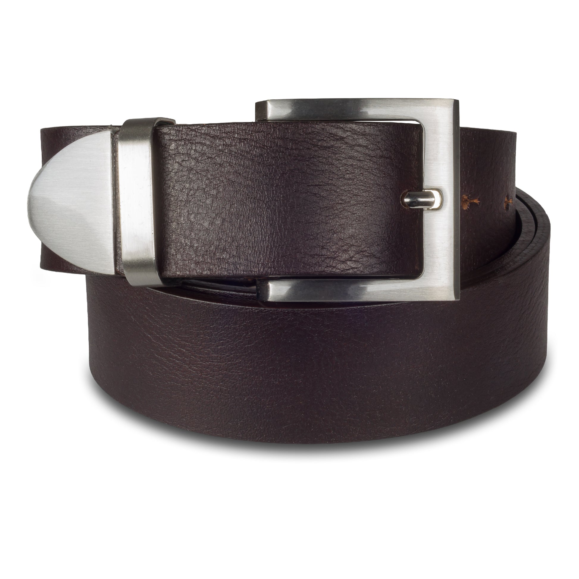 Jeans-Gürtel aus Vollrind-Leder in dunkelbraun. 4 cm breit. Dornschließe, Schlaufe und Gürtelspitze in silber mattiert.