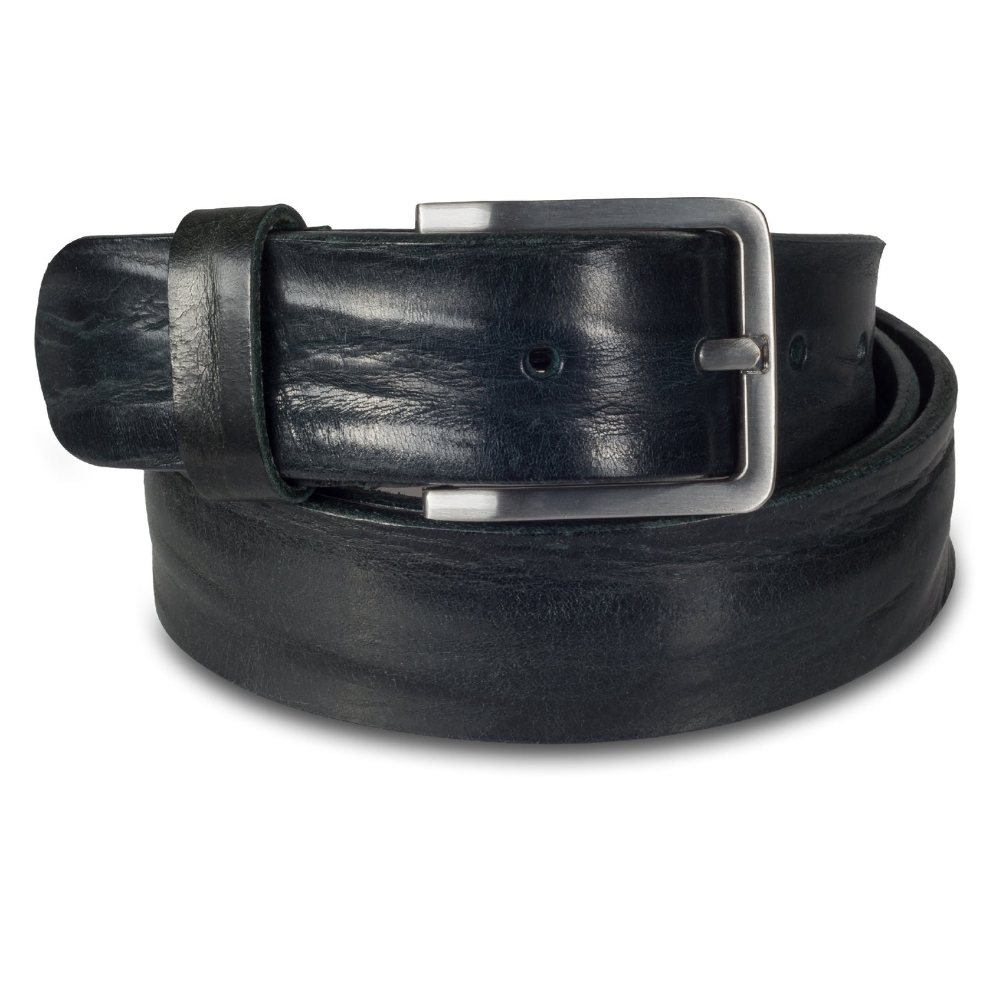 Jeans-Gürtel aus schwarz/blauem Vollrind-Leder mit Faltenoptik. 3,5 cm breit. Dornschließe in silber mattiert