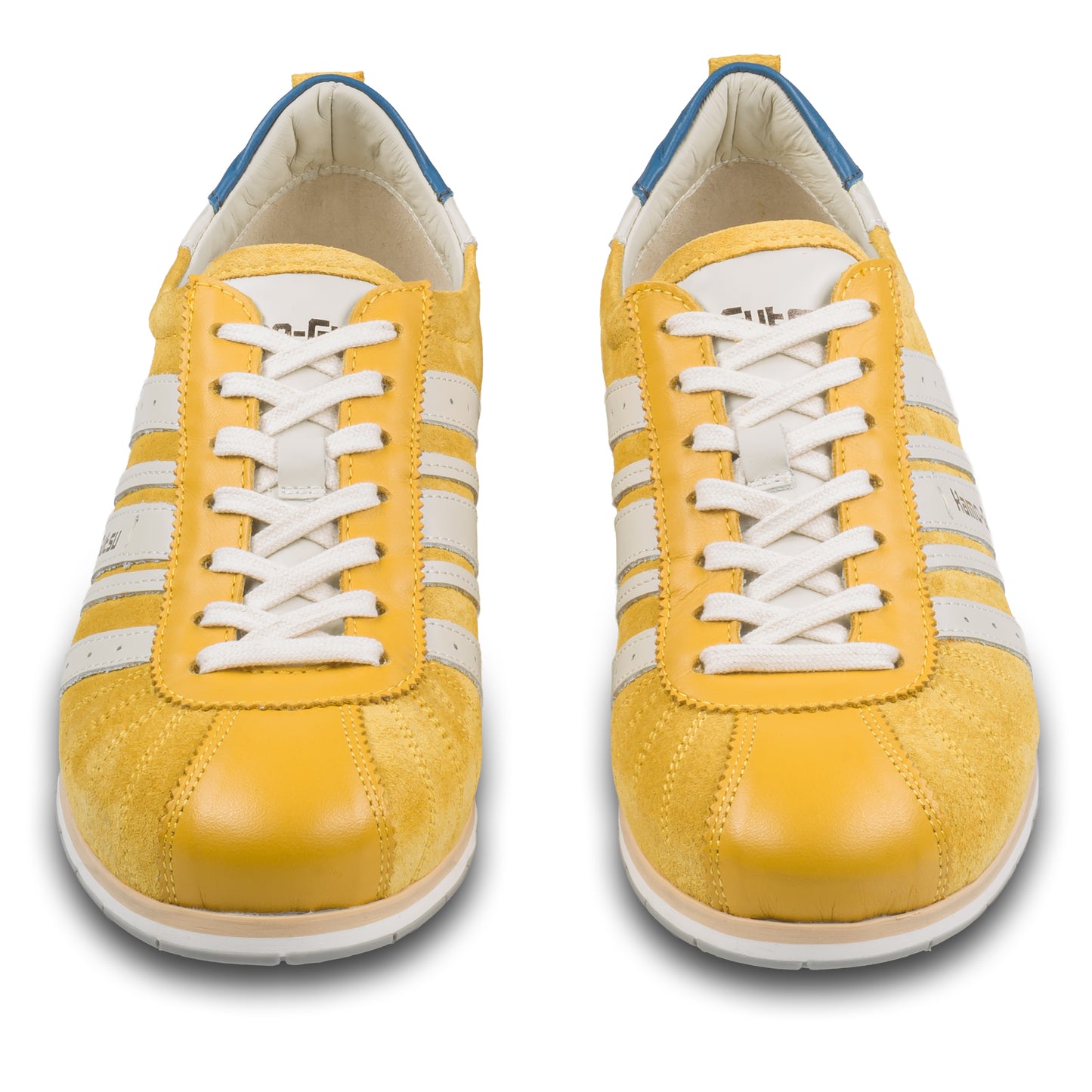 KAMO-GUTSU Herren-Sneaker / Schnürer, Wildleder gelb mit weiß, TIFO-046 giallo Combi. Paarweise Ansicht von vorne