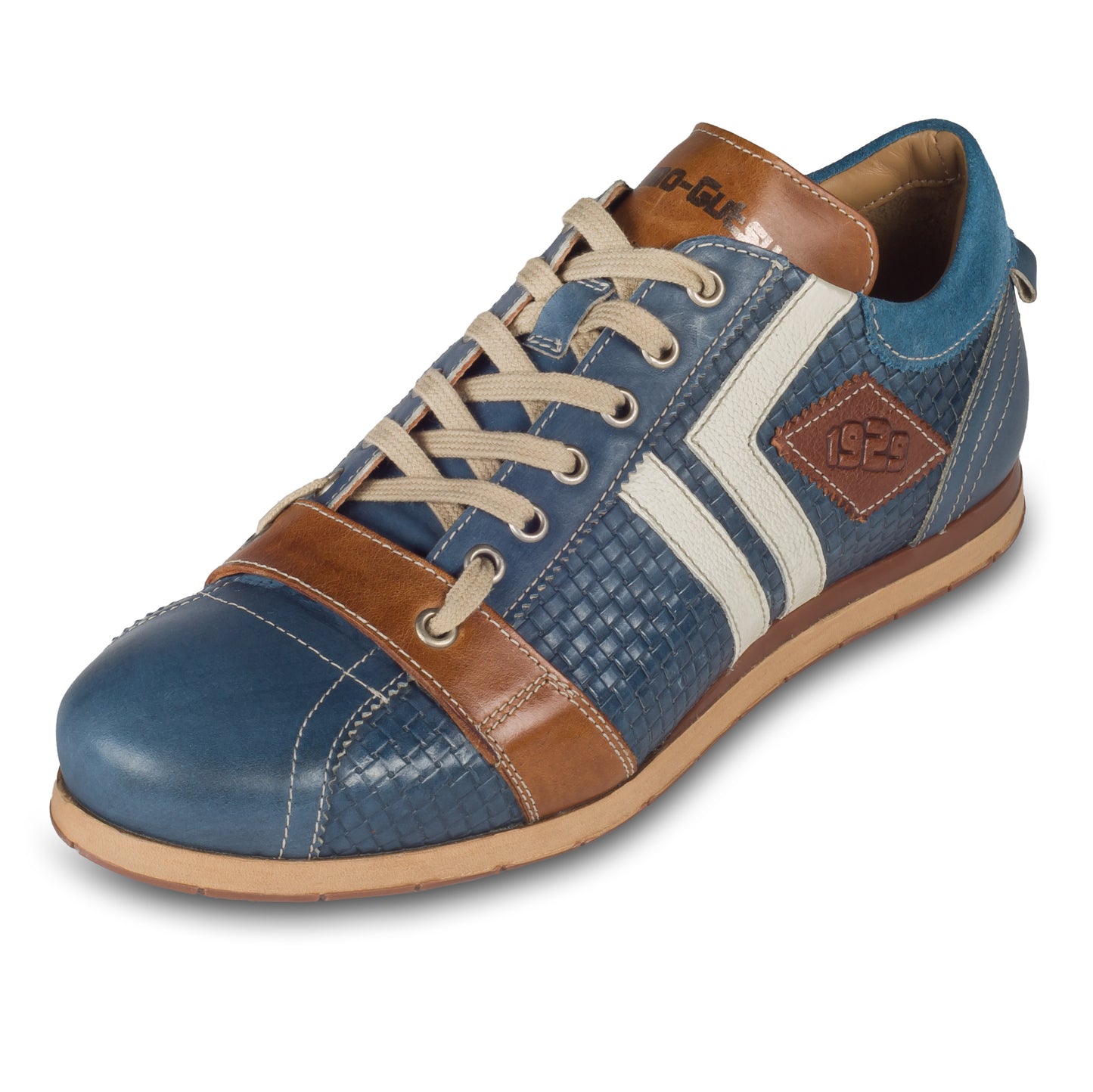 Kamo-Gutsu Sneaker Herren in Blau mit Weiß und Braun (TIFO-030 royal icaro). Aus Kalbsleder in Flechtoptik. Handgefertigt Made in Italy. Schräge Ansicht linker Schuh.