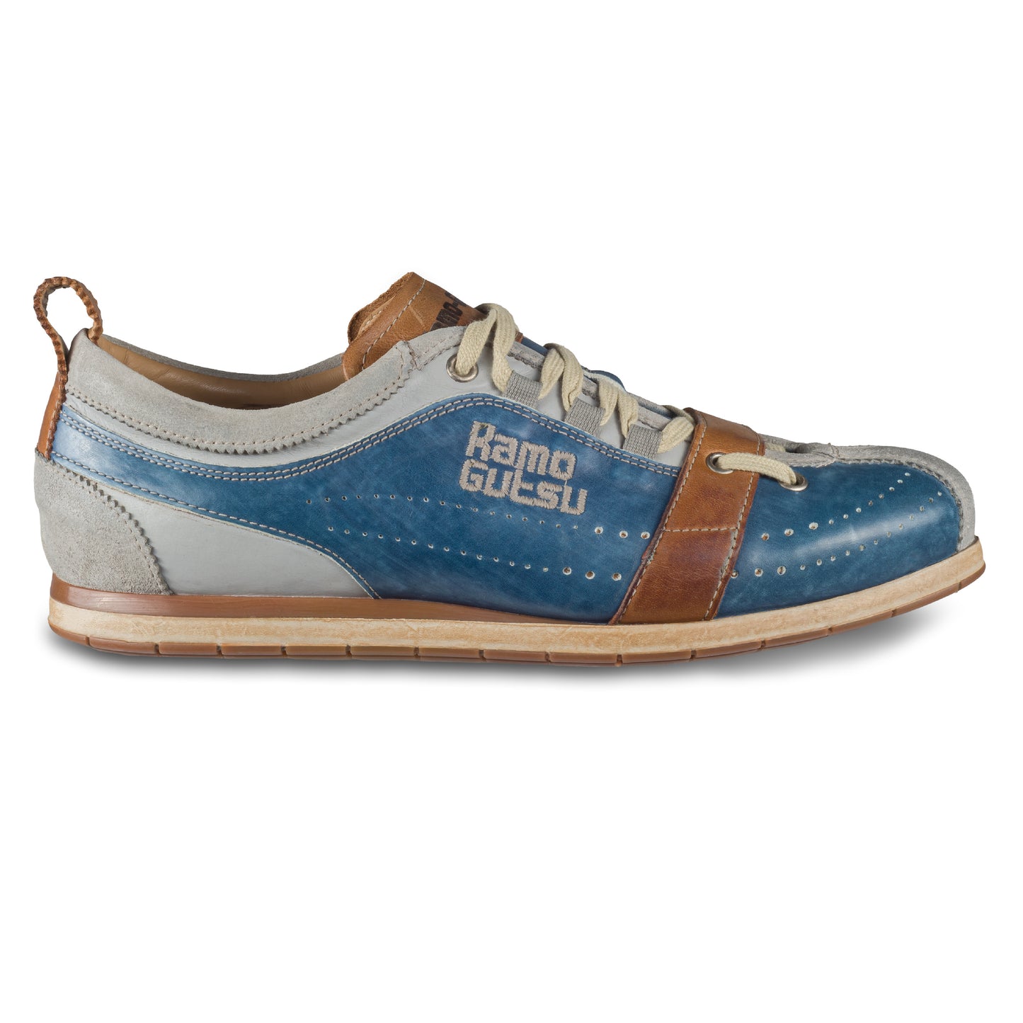 KAMO-GUTSU Herren Leder Sneaker, blau / grau, Modell TIFO017 ash-royal. Ansicht Außenseite rechter Schuh