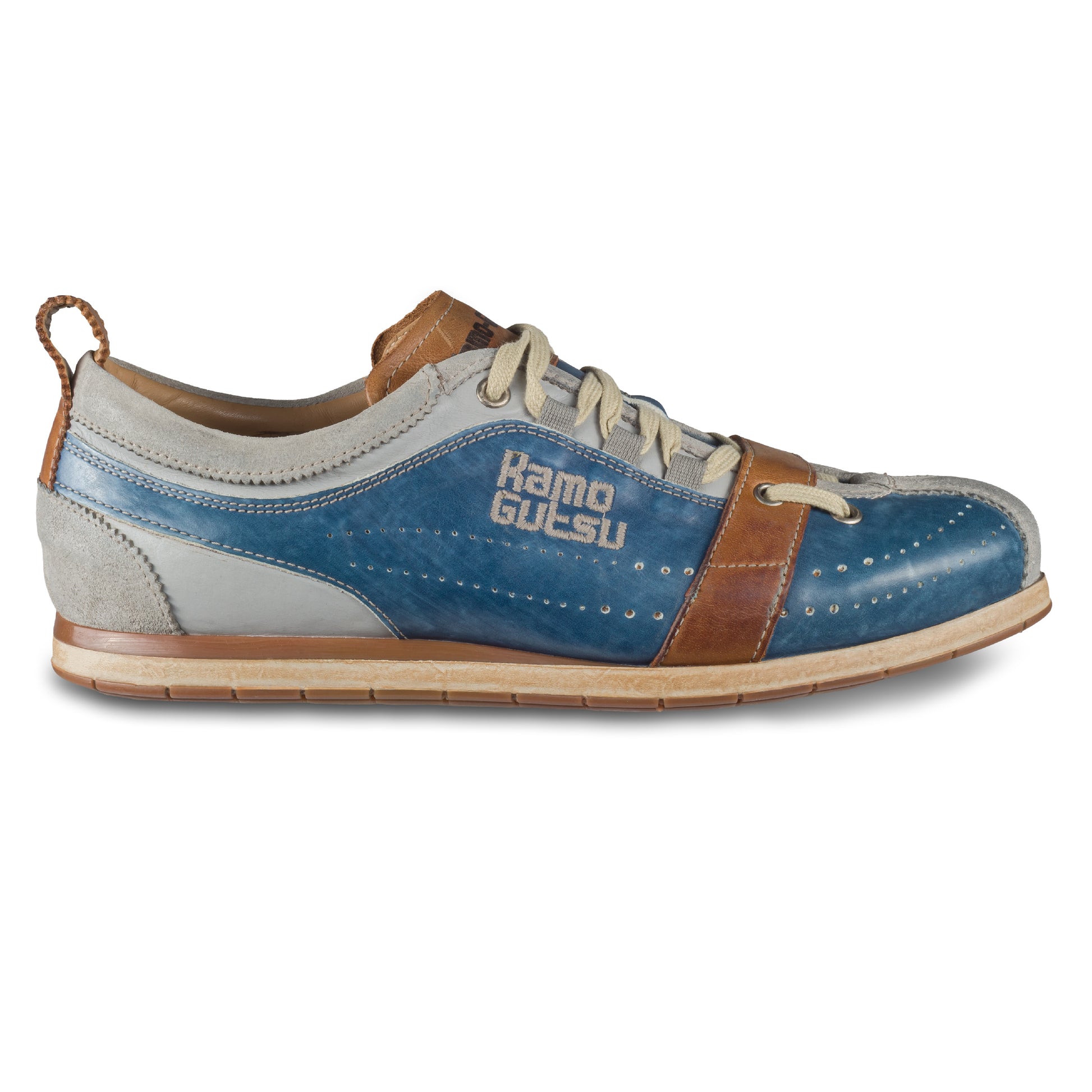 KAMO-GUTSU Herren Leder Sneaker, blau / grau, Modell TIFO017 ash-royal. Ansicht Außenseite rechter Schuh