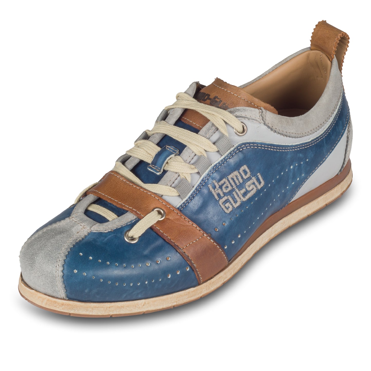 KAMO-GUTSU Herren Leder Sneaker, blau / grau, Modell TIFO017 ash-royal. Schräge Ansicht linker Schuh