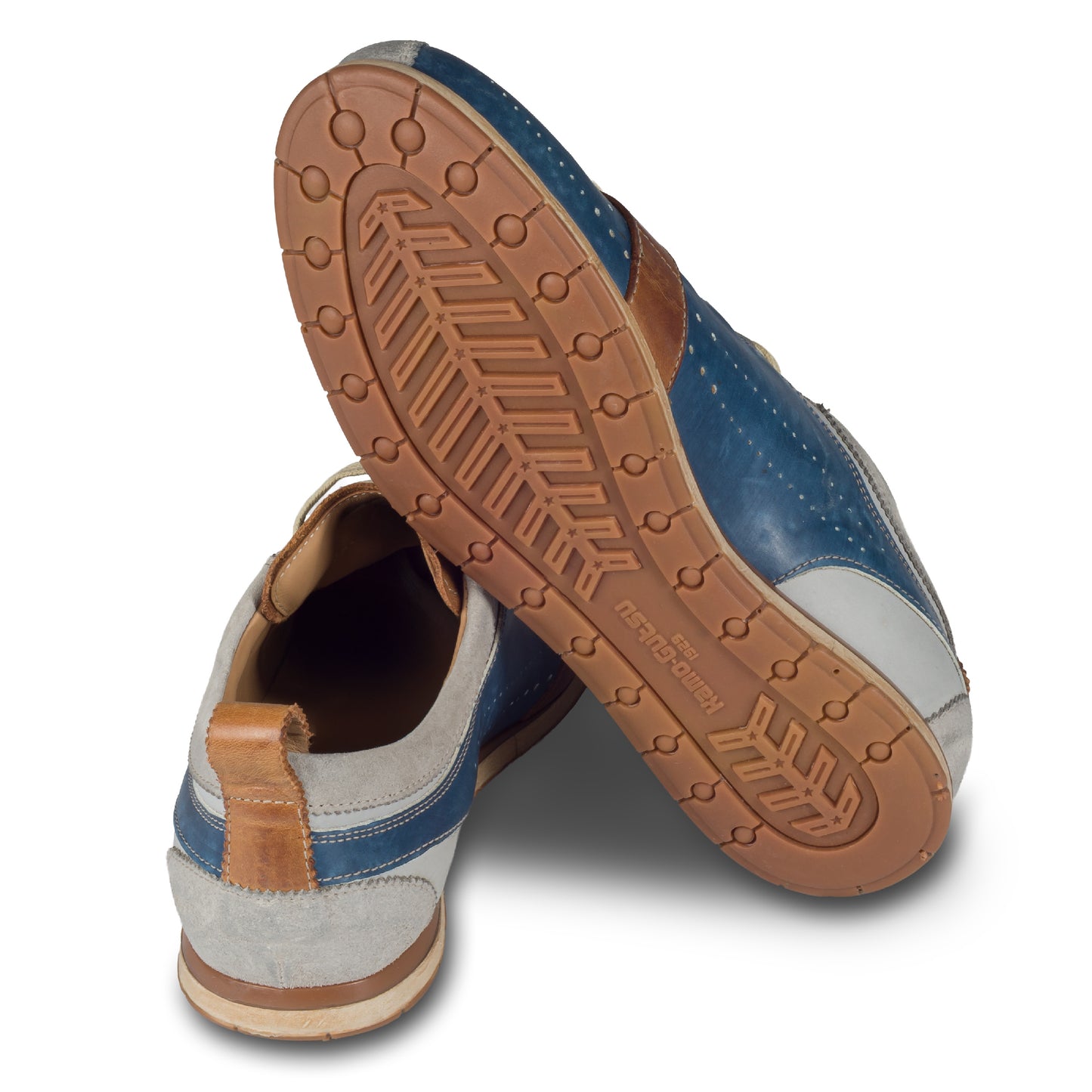 KAMO-GUTSU Herren Leder Sneaker, blau / grau, Modell TIFO017 ash-royal. Ansicht Sohlenunterseite und Ferse