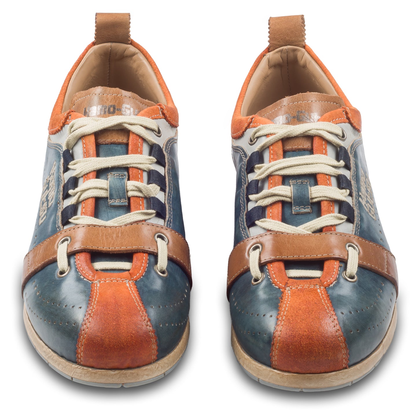 KAMO-GUTSU Herren Leder Sneaker, blau / orange, Modell TIFO017 arancio-navy. Paarweise Ansicht von vorne