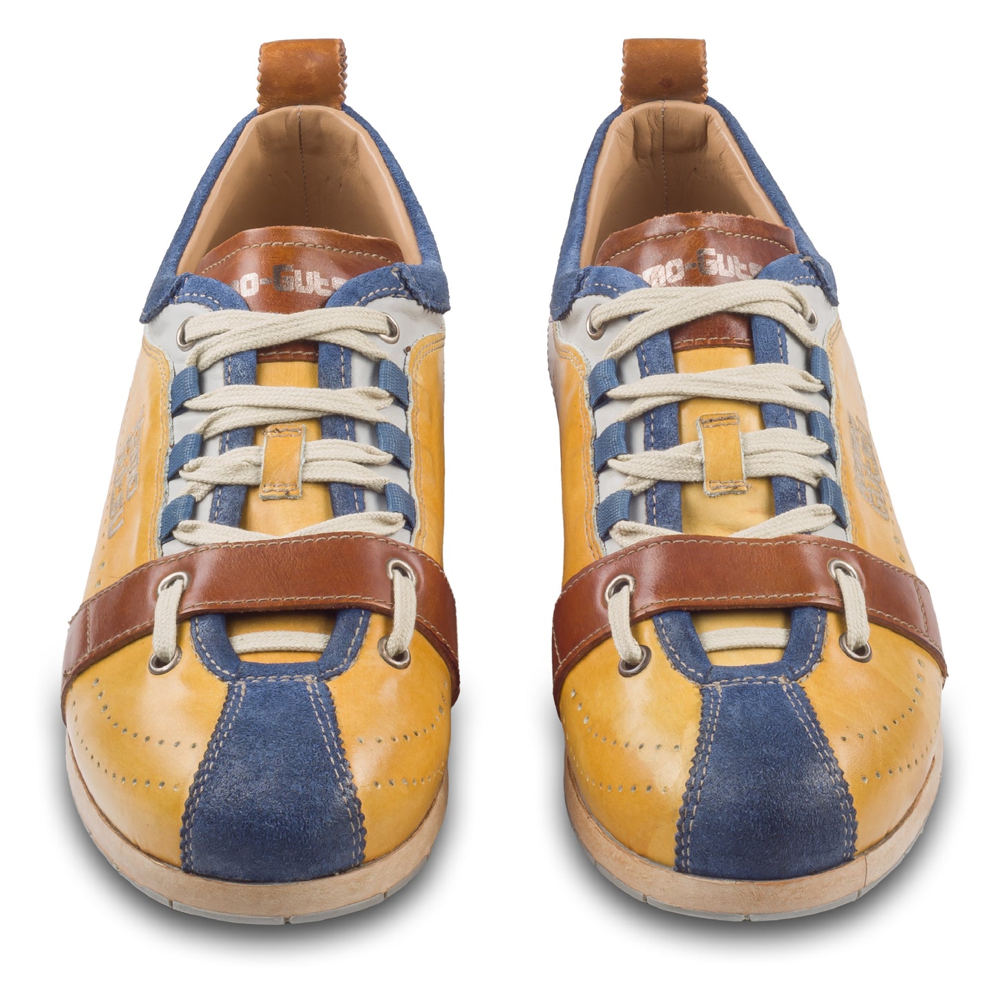 Kamo-Gutsu Sneaker Herren in eisblau mit gelb und blau (TIFO-017 cobalto ochre). Aus Kalbsleder stonewashed. Handgefertigt Made in Italy. Paarweise Ansicht von vorne.