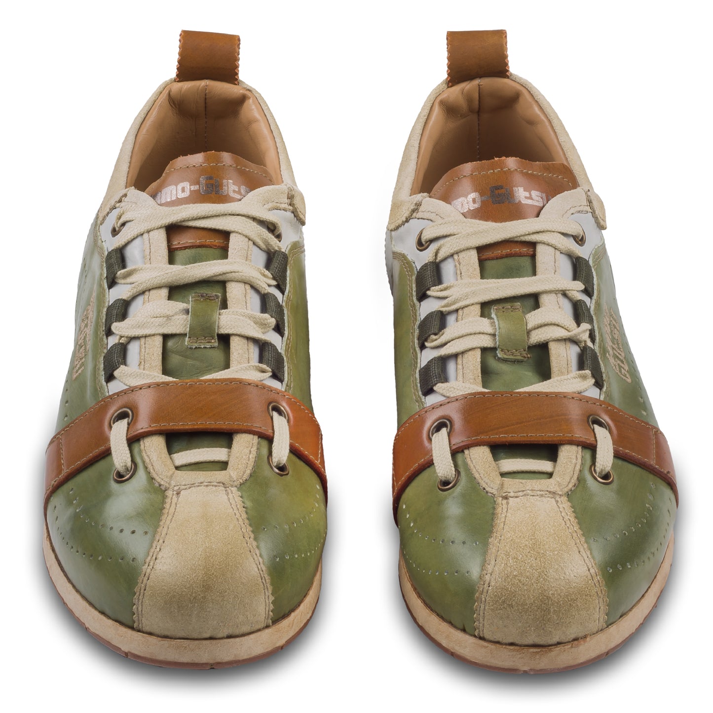 Kamo-Gutsu Sneaker Herren in Grün mit Beige und Braun (TIFO-017 sabbia/erba). Aus Kalbsleder stonewashed. Handgefertigt Made in Italy. Paarweise Ansicht von vorne.