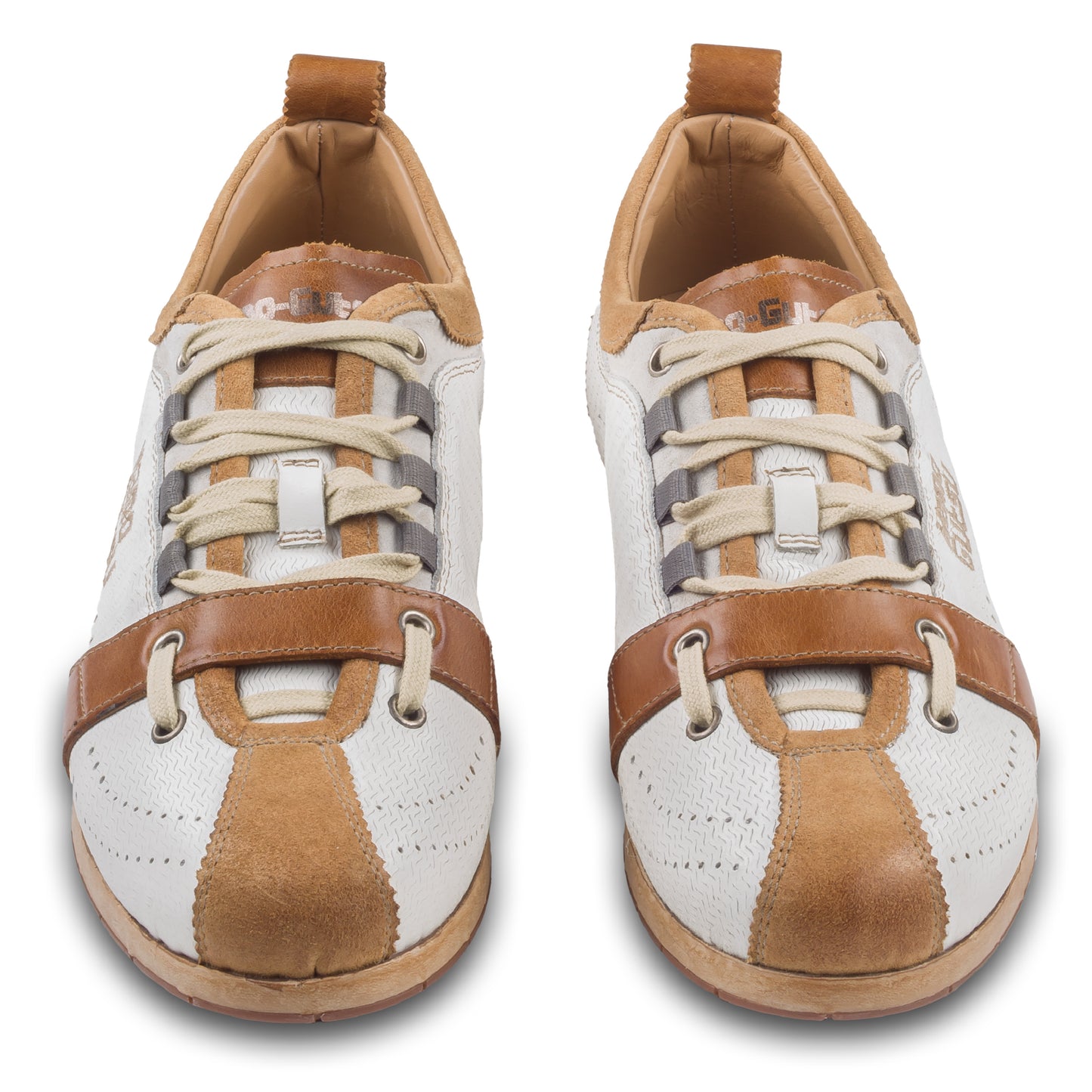 Kamo-Gutsu Sneaker Herren in Weiß mit Braun (TIFO-017 ginger-onda-bianco). Aus Kalbsleder, gelasert. Handgefertigt Made in Italy. Paarweise Ansicht von vorne.