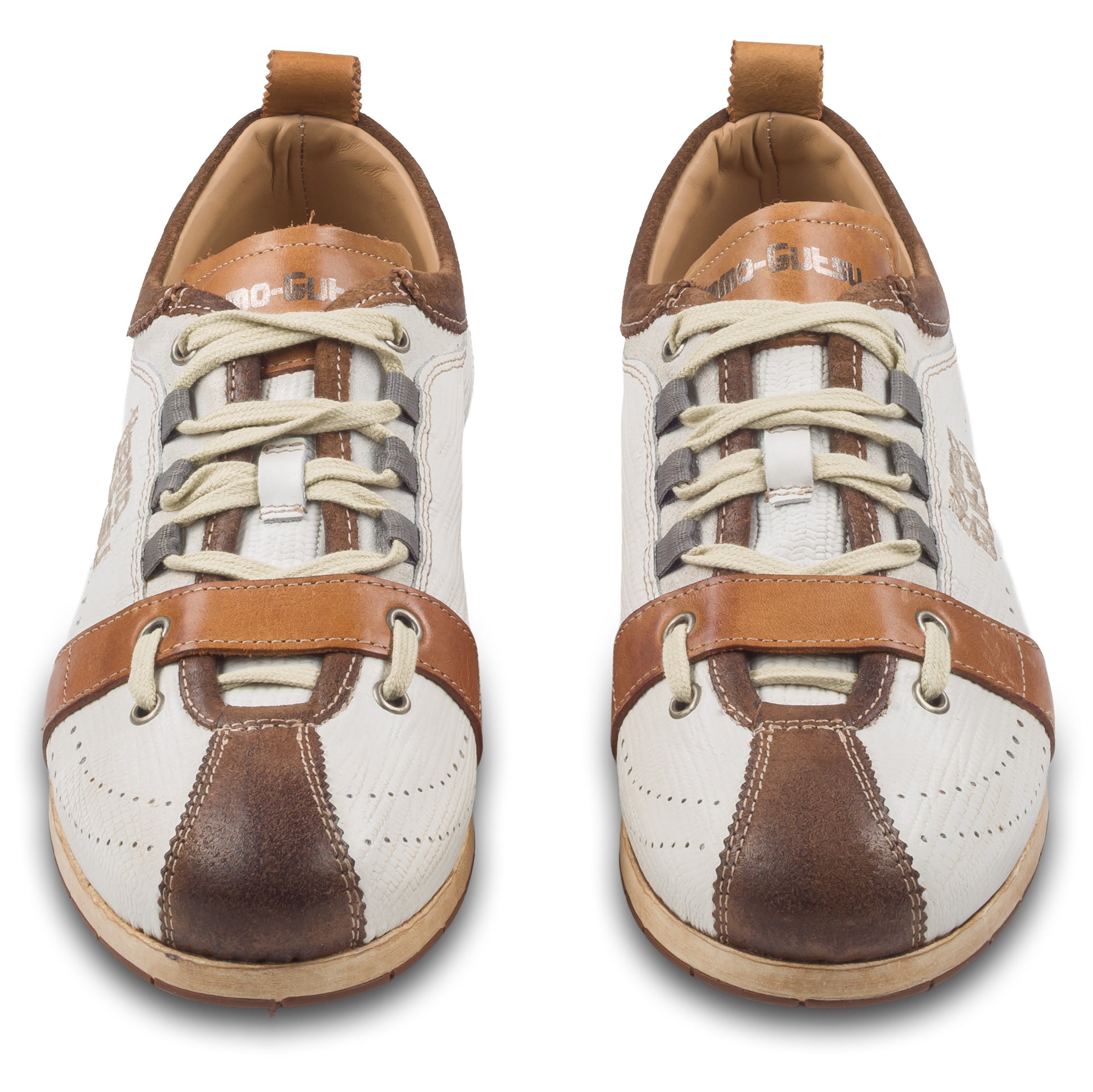 KAMO-GUTSU Herren Leder Sneaker, weiß/braun, Modell TIFO017 hazel-bianco. Paarweise Ansicht von vorne