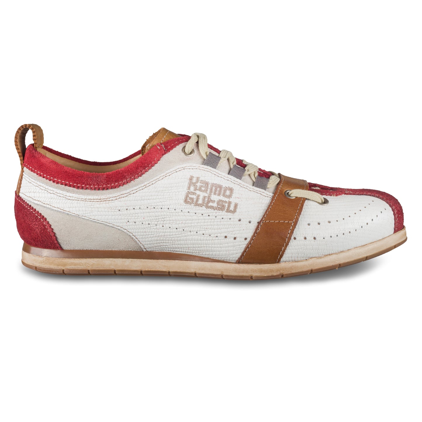 KAMO-GUTSU Herren Leder Sneaker, weiß/rot, Modell TIFO017 sangue-bianco. Ansicht Außenseite rechter Schuh
