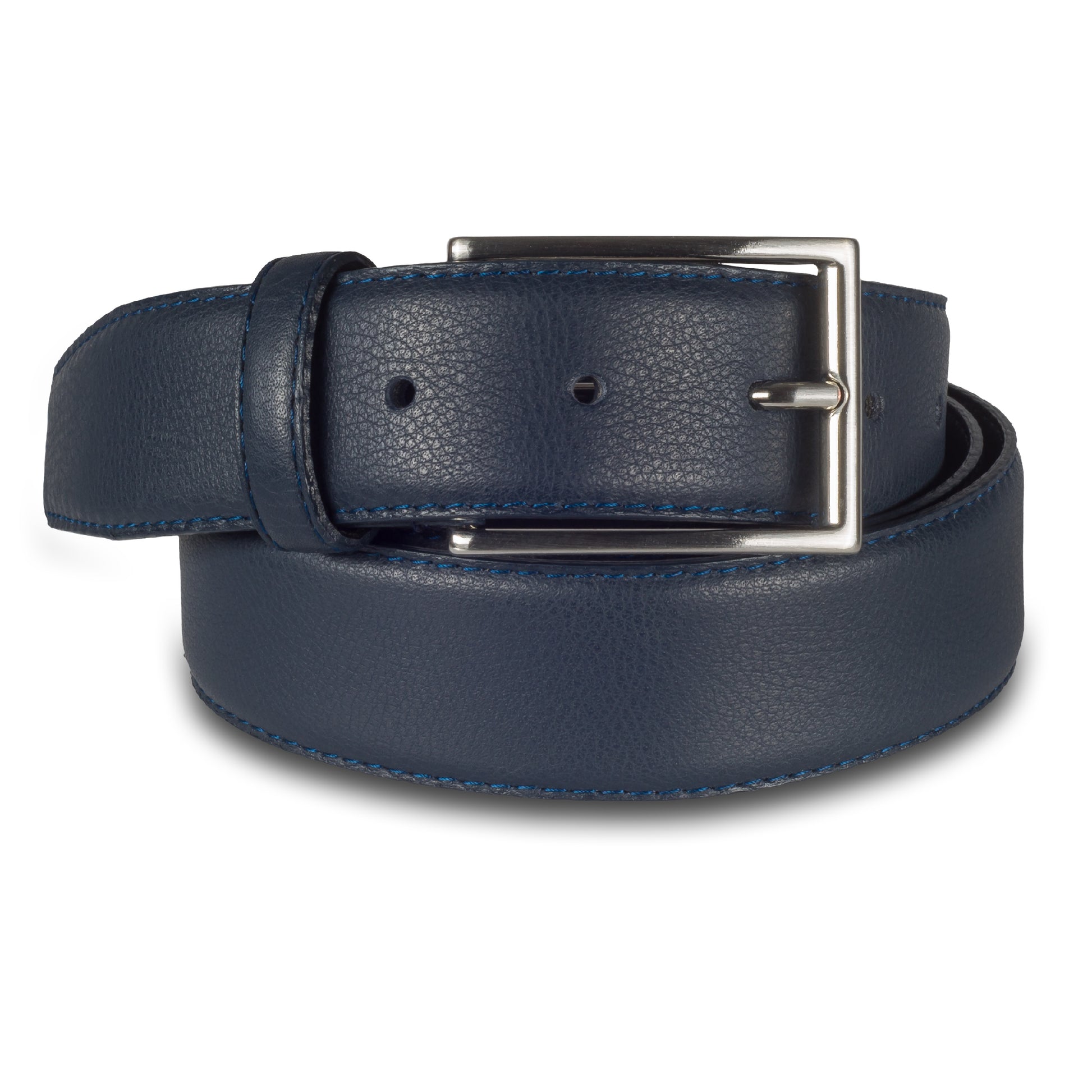 Herren Anzuggürtel aus Leder in blau 3,5 cm breit. Mattiert silberne Dornschließe.