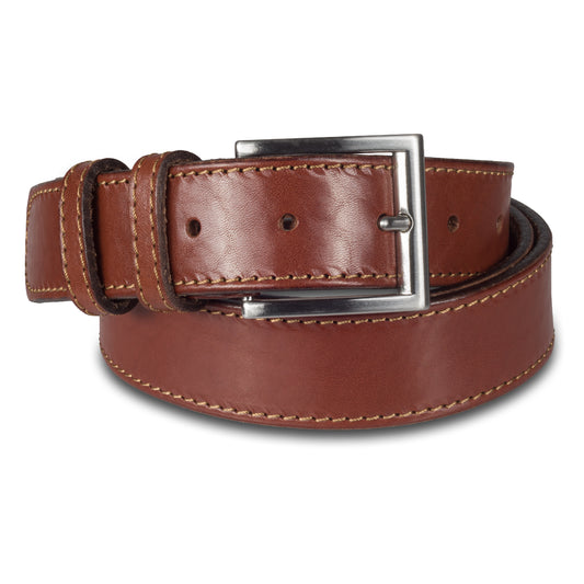 Herren Anzuggürtel cognak braun aus Vollrindleder. 3,3 cm breit mit mattierter nickelfreien Dornschließe. Länge kürzbar
