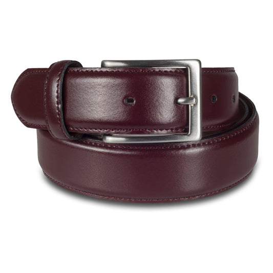 Herren Anzuggürtel bordeaux-braun aus Vollrindleder. 3,5 cm breit mit mattierter nickelfreien Dornschließe. Länge kürzbar