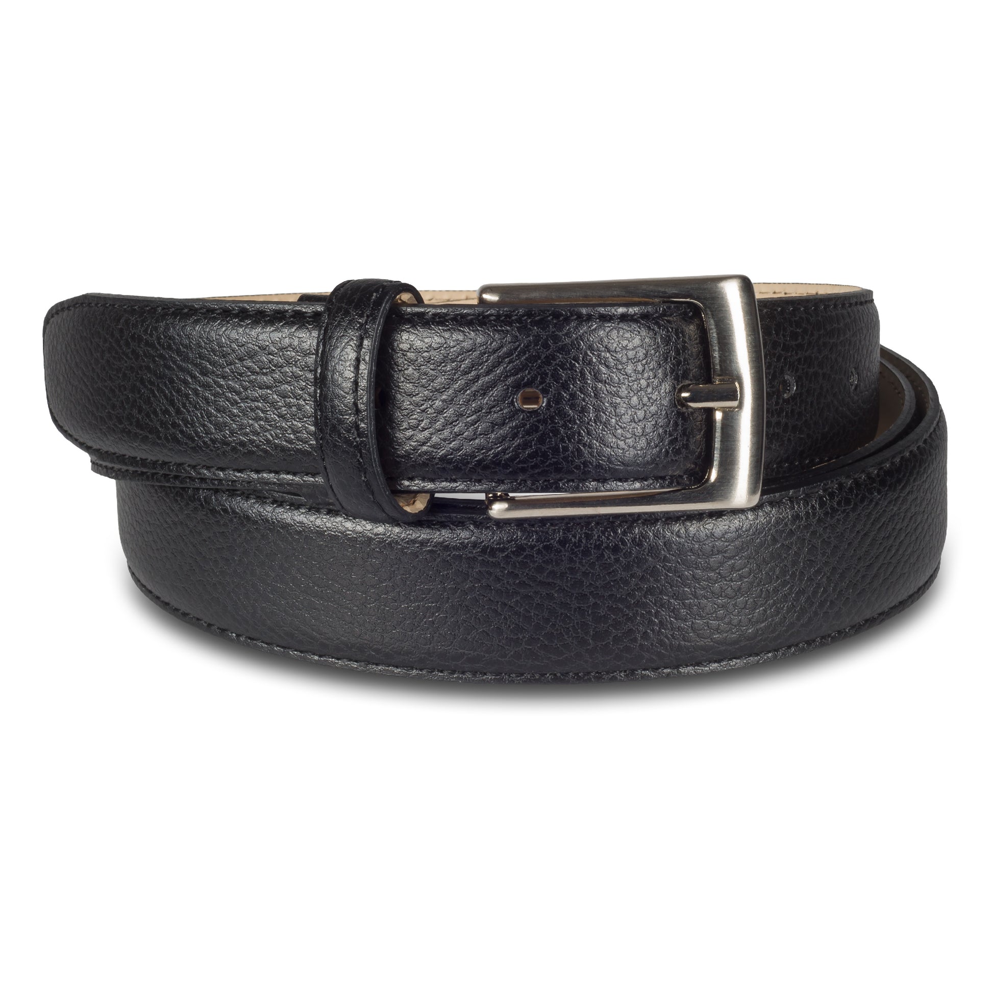 Herren Anzuggürtel aus genarbtem Rindleder in schwarz 3 cm breit. Mattiert silberne Dornschließe.