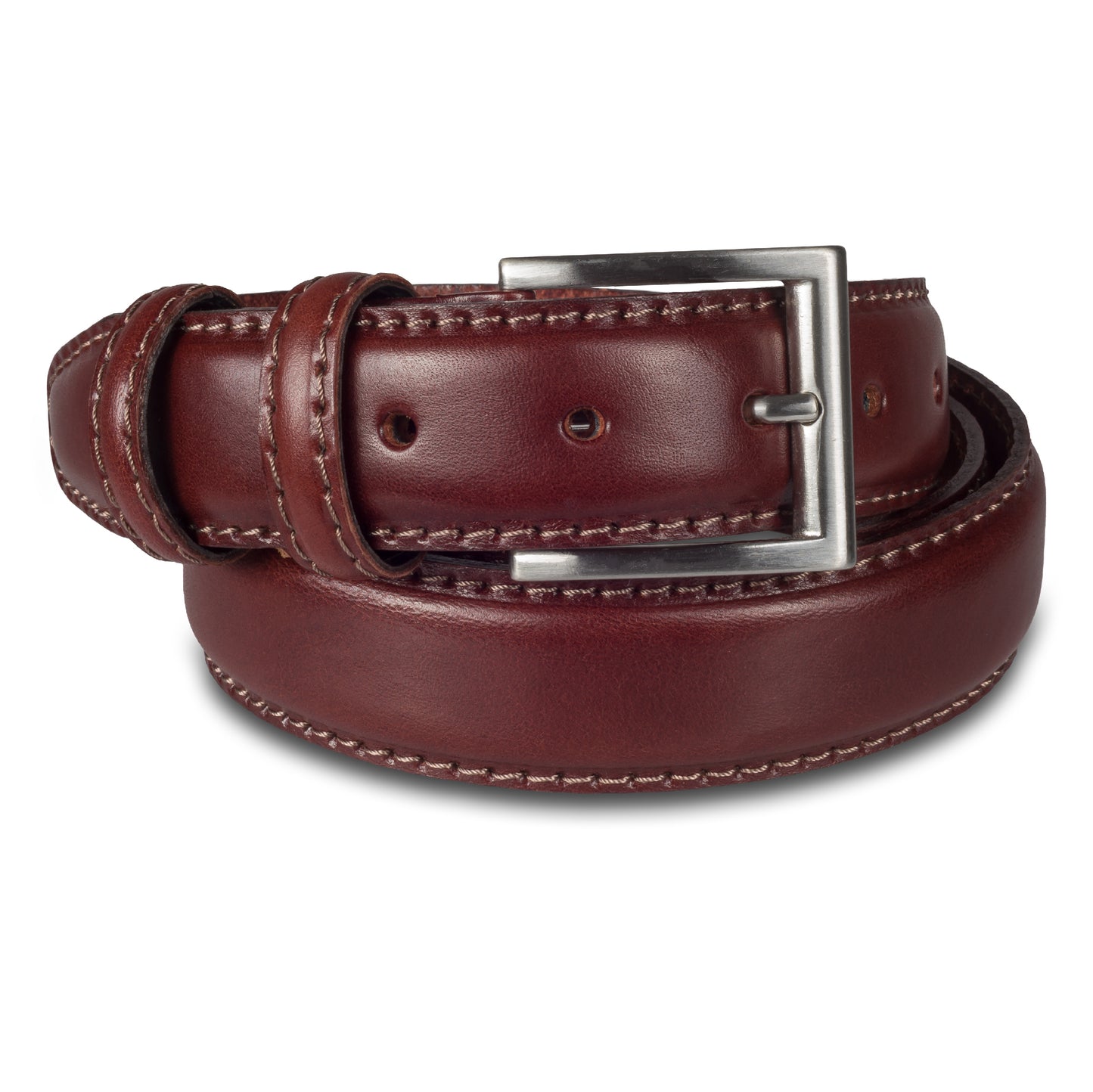 Jeans-Gürtel aus Vollrindleder in dunkelbraun. 3,5 cm breit. Dornschließe in silber mattiert.