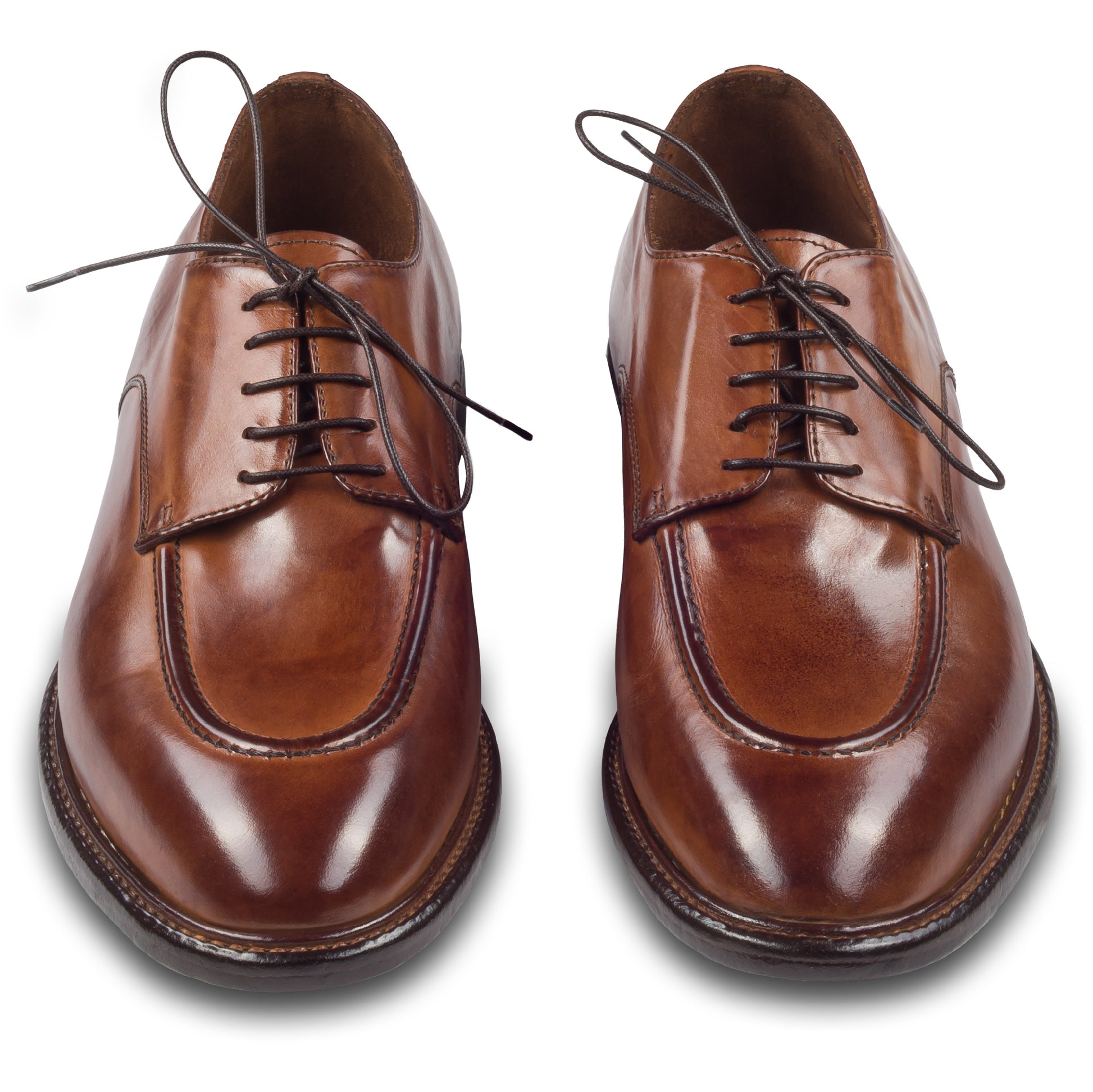 Lemargo Herren Schnür-Halbschuhe, cognak braun, Kalbsleder im Vintage-Look. Handgefertigt und Durchgenäht. Paarweise Ansicht von vorne