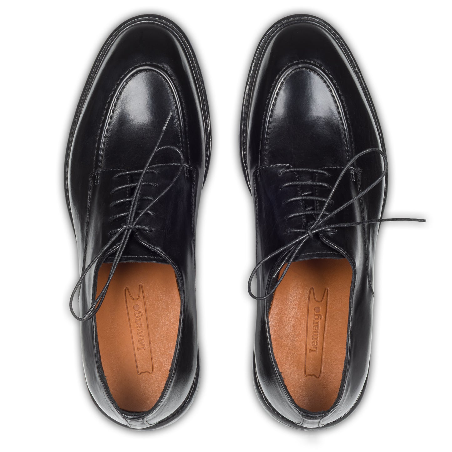 Lemargo Herren Schnür-Halbschuhe, schwarz, Kalbsleder im Vintage-Look. Handgefertigt und Durchgenäht. Ansicht paarweise Draufsicht