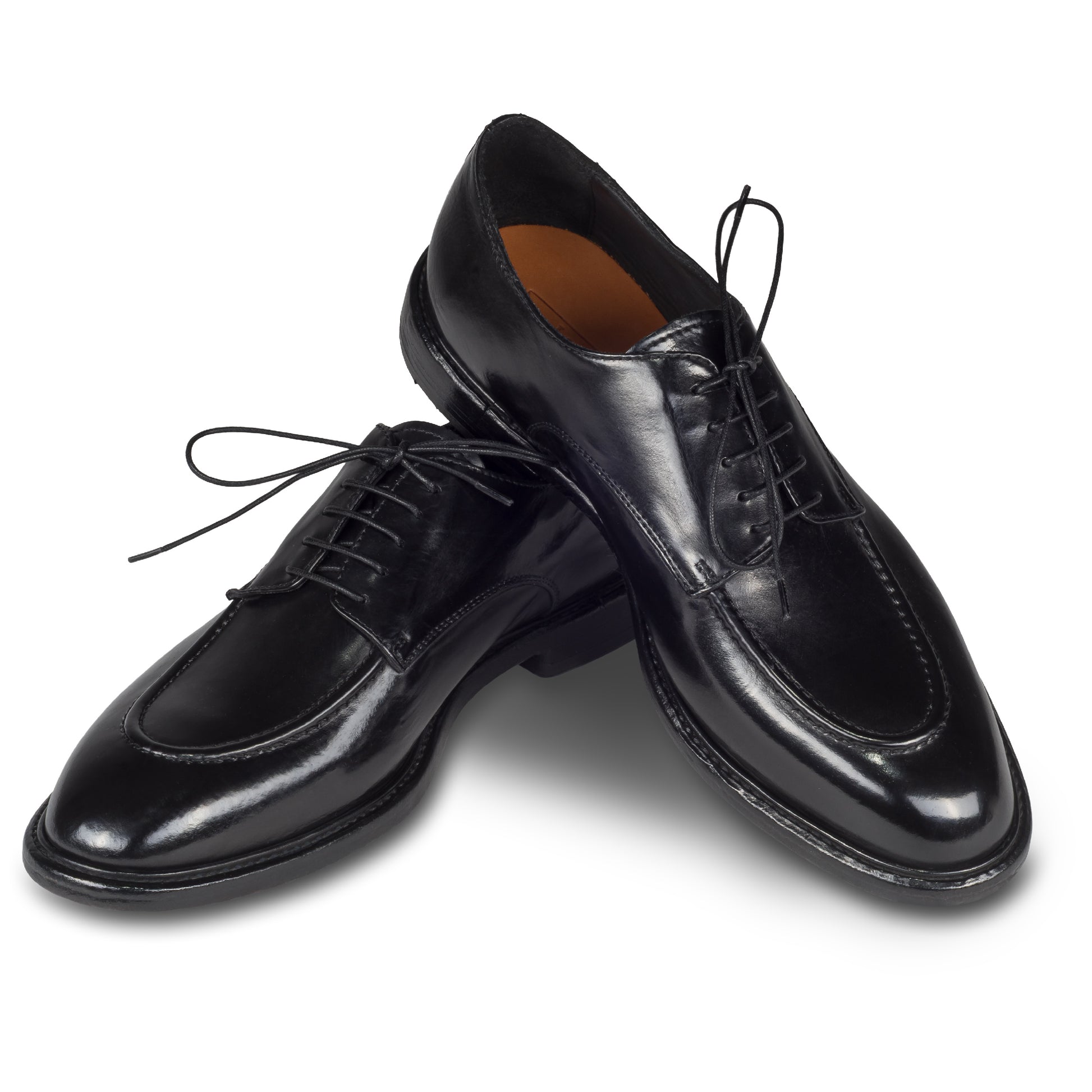 Lemargo Herren Schnür-Halbschuhe, schwarz, Kalbsleder im Vintage-Look. Handgefertigt und Durchgenäht. Ansicht paarweise überkreuzt