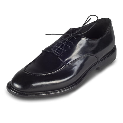 Lemargo Herren Schnür-Halbschuhe, schwarz, Kalbsleder im Vintage-Look. Handgefertigt und Durchgenäht. Ansicht linker Schuh schräg