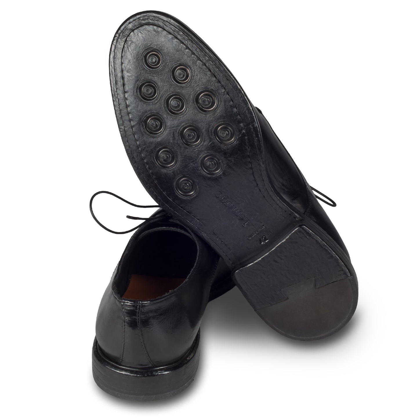 Lemargo Herren Schnür-Halbschuhe, schwarz, Kalbsleder im Vintage-Look. Handgefertigt und Durchgenäht. Ansicht Sohle und Ferse