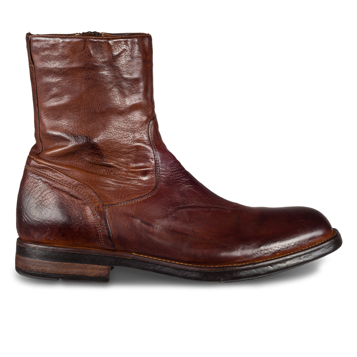 LEMARGO Herren Stiefelette in cognac braun, mit Reißverschluß. Handgefärbt und Durchgenäht, made in Italy. Ansicht Außenseite rechter Schuh